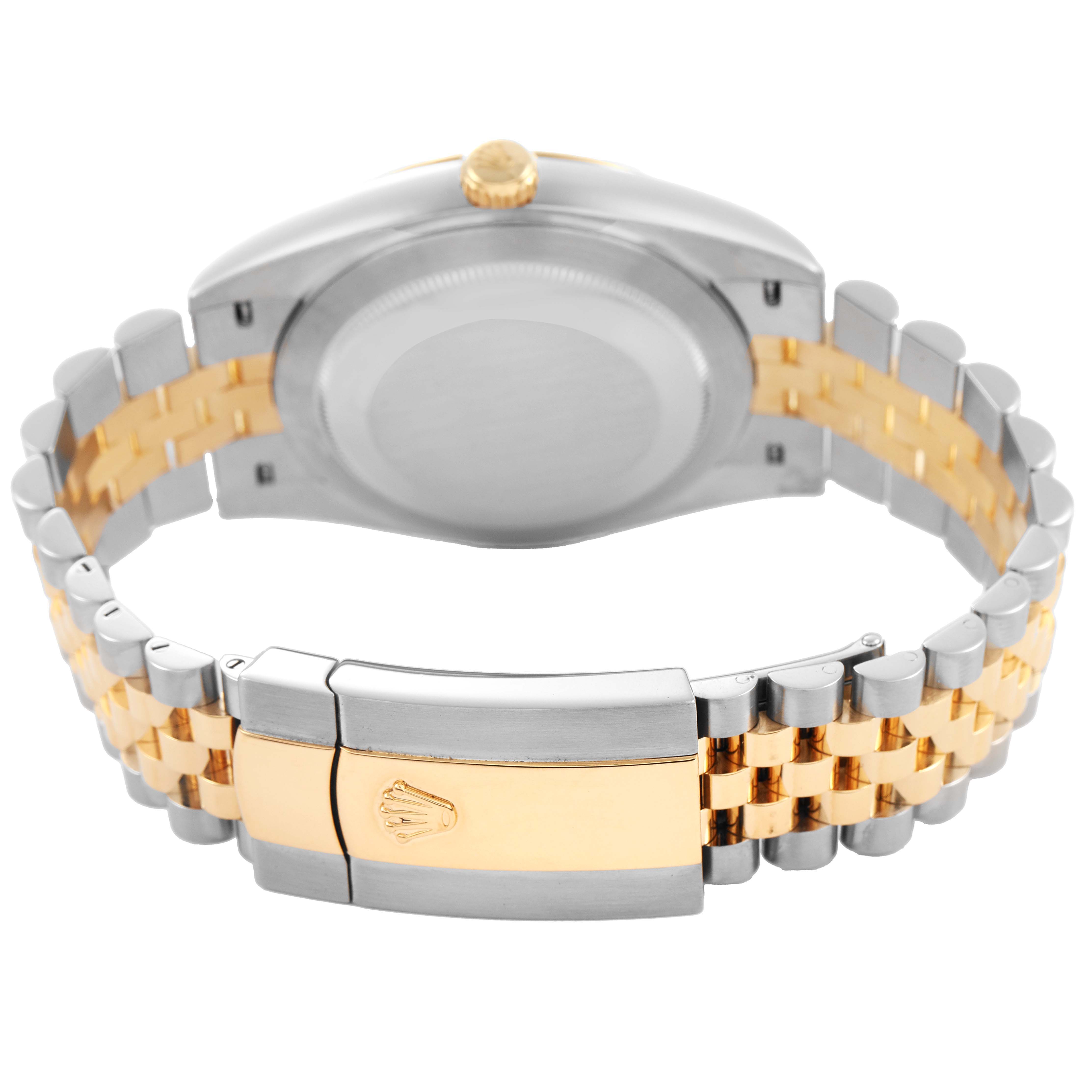 The image shows the back view of a Rolex Datejust 41 126333 Men's Steel and Gold (two tone) Silver Dial, highlighting the clasp and Jubilee bracelet in two-tone metal.