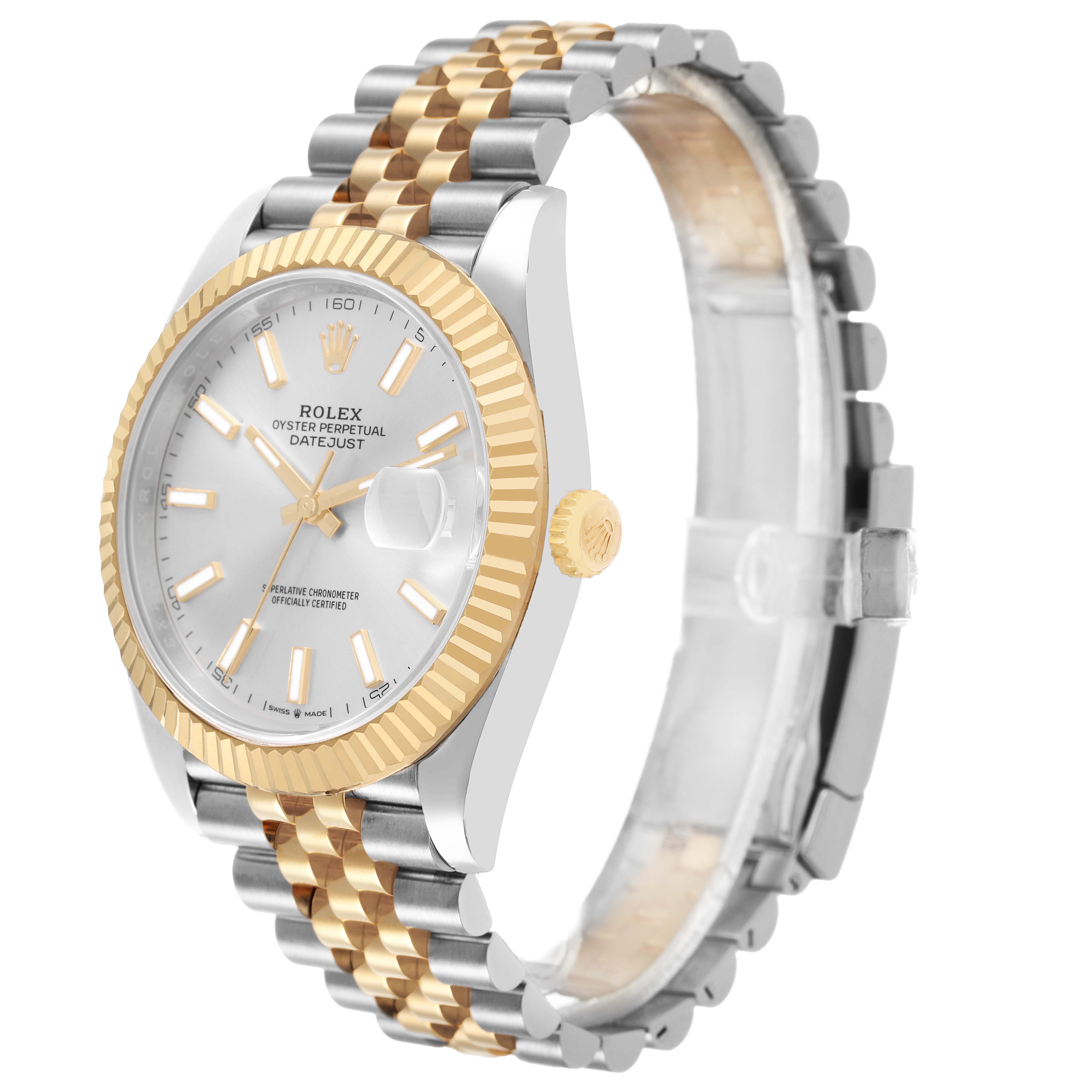 The Rolex Datejust 41 126333 Men's Steel and Gold (two tone) Silver Dial is shown at a three-quarter angle, highlighting the dial, fluted bezel, and two-tone Jubilee bracelet.