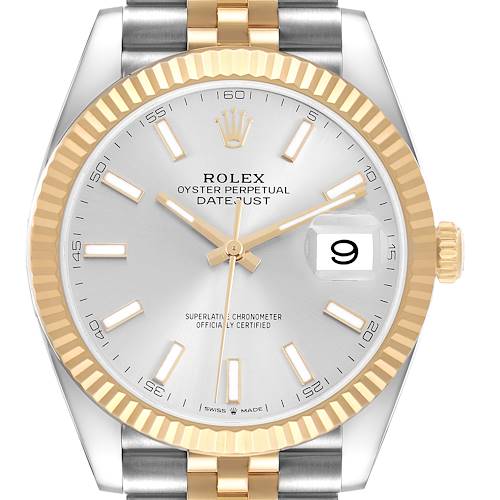 The Rolex Datejust 41 126333 Men's Steel and Gold (two tone) Silver Dial is shown from the front, displaying its dial, bezel, and part of the bracelet.