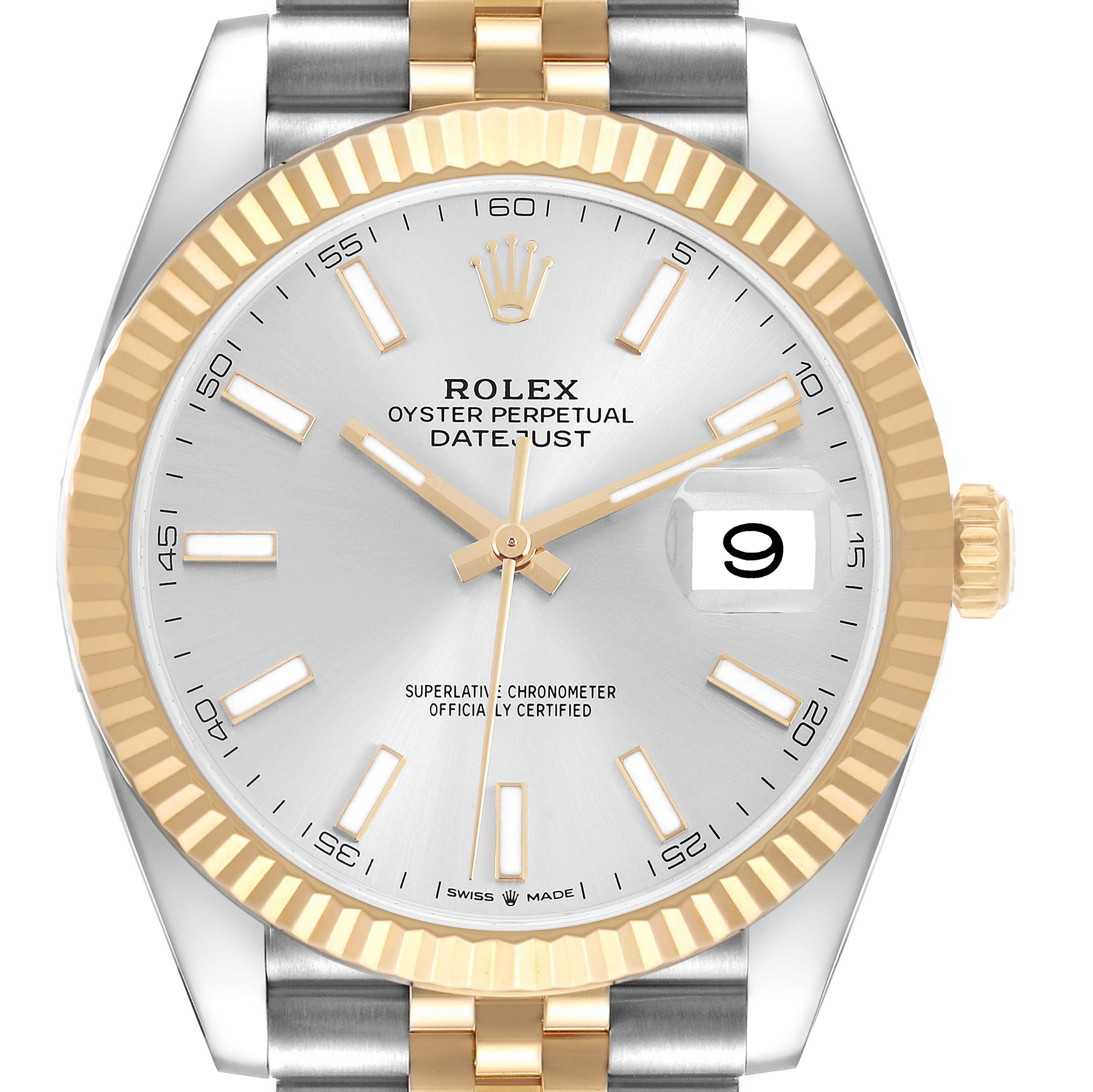 The Rolex Datejust 41 126333 Men's Steel and Gold (two tone) Silver Dial is shown from the front, highlighting the dial, fluted bezel, and part of the two-tone bracelet.