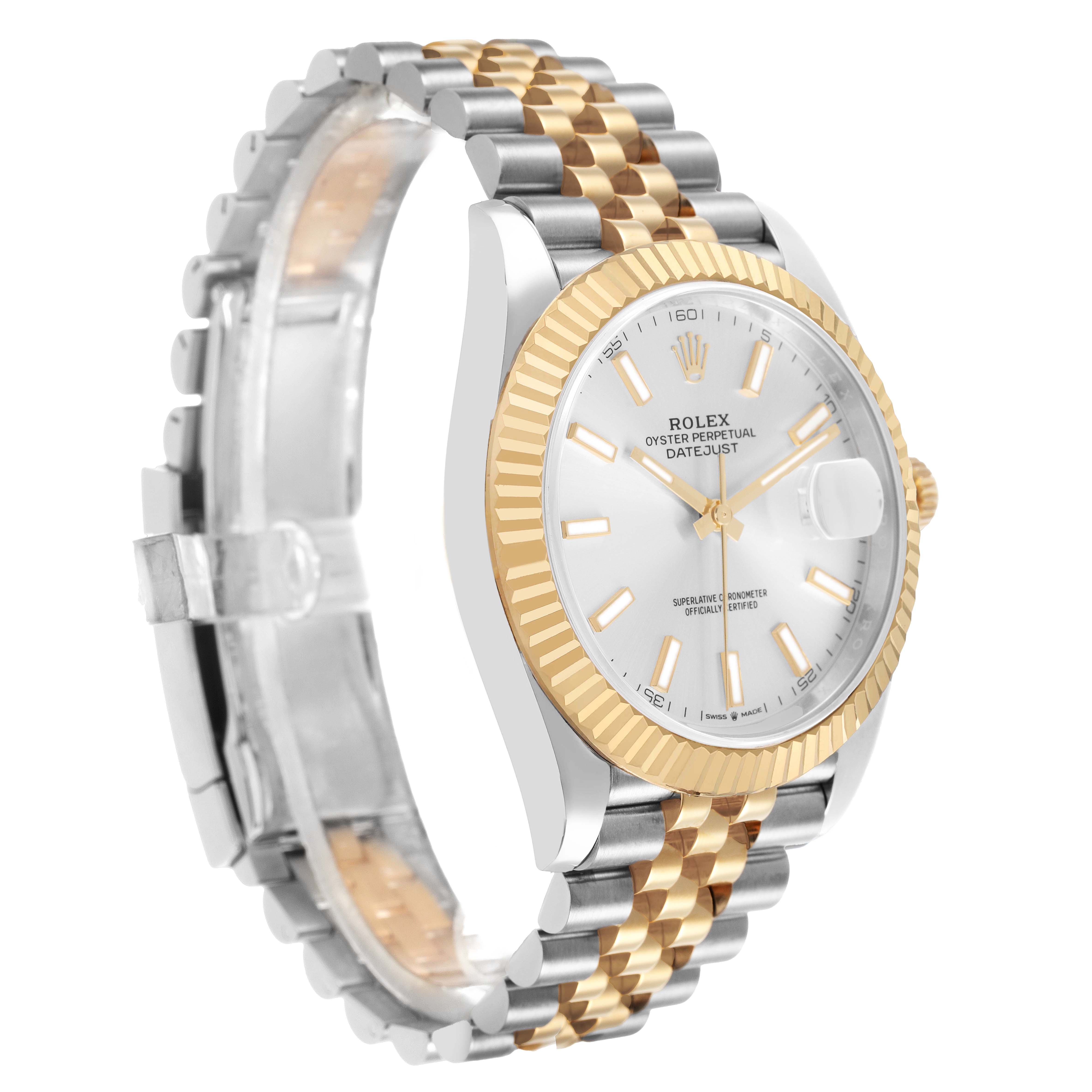 The Rolex Datejust 41 126333 Men's Steel and Gold (two tone) Silver Dial is shown at an angled side view, highlighting the fluted bezel, bracelet, and face details.