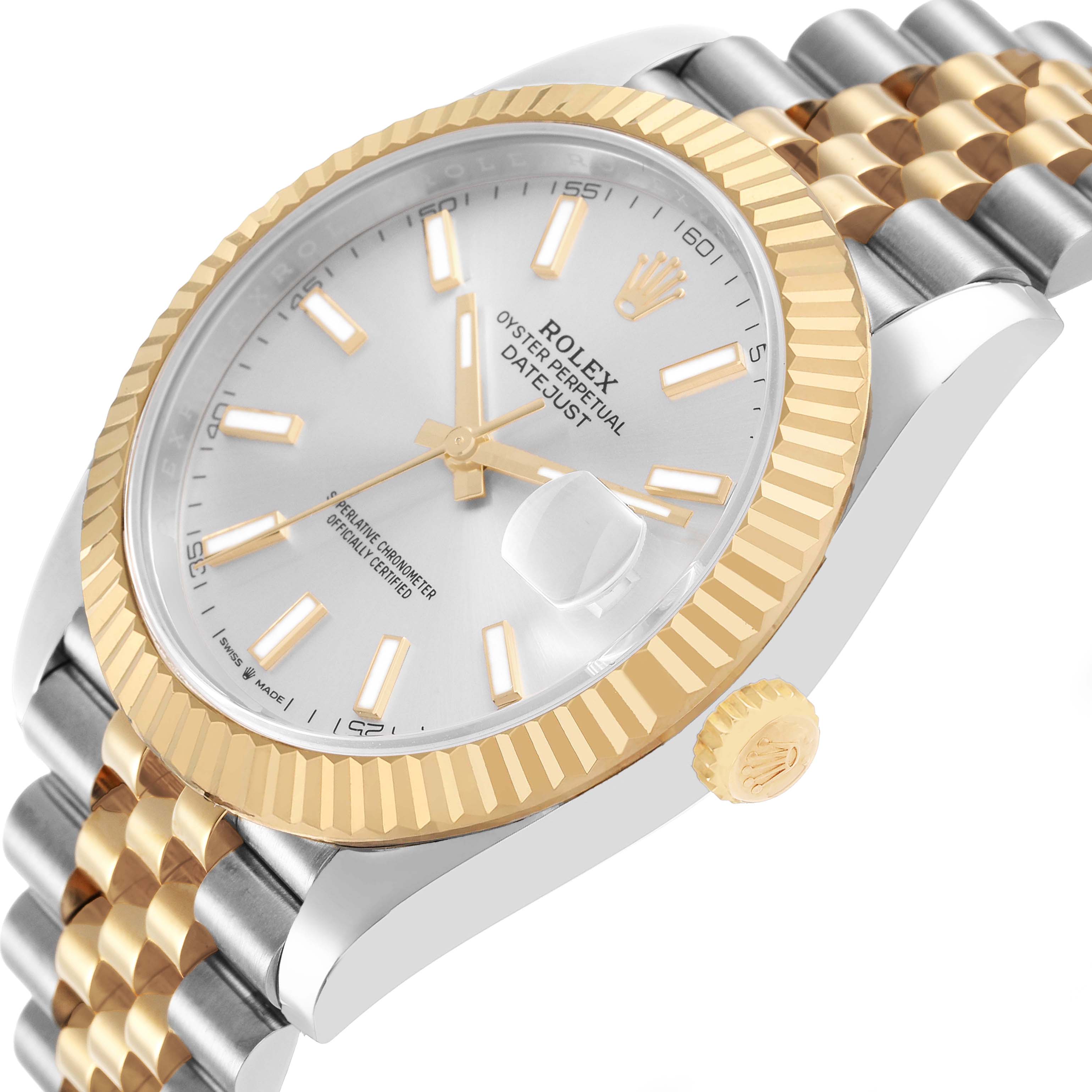 The Rolex Datejust 41 126333 Men's Steel and Gold (two tone) Silver Dial is shown at an oblique angle highlighting the gold fluted bezel, dial, and two-tone Jubilee bracelet.
