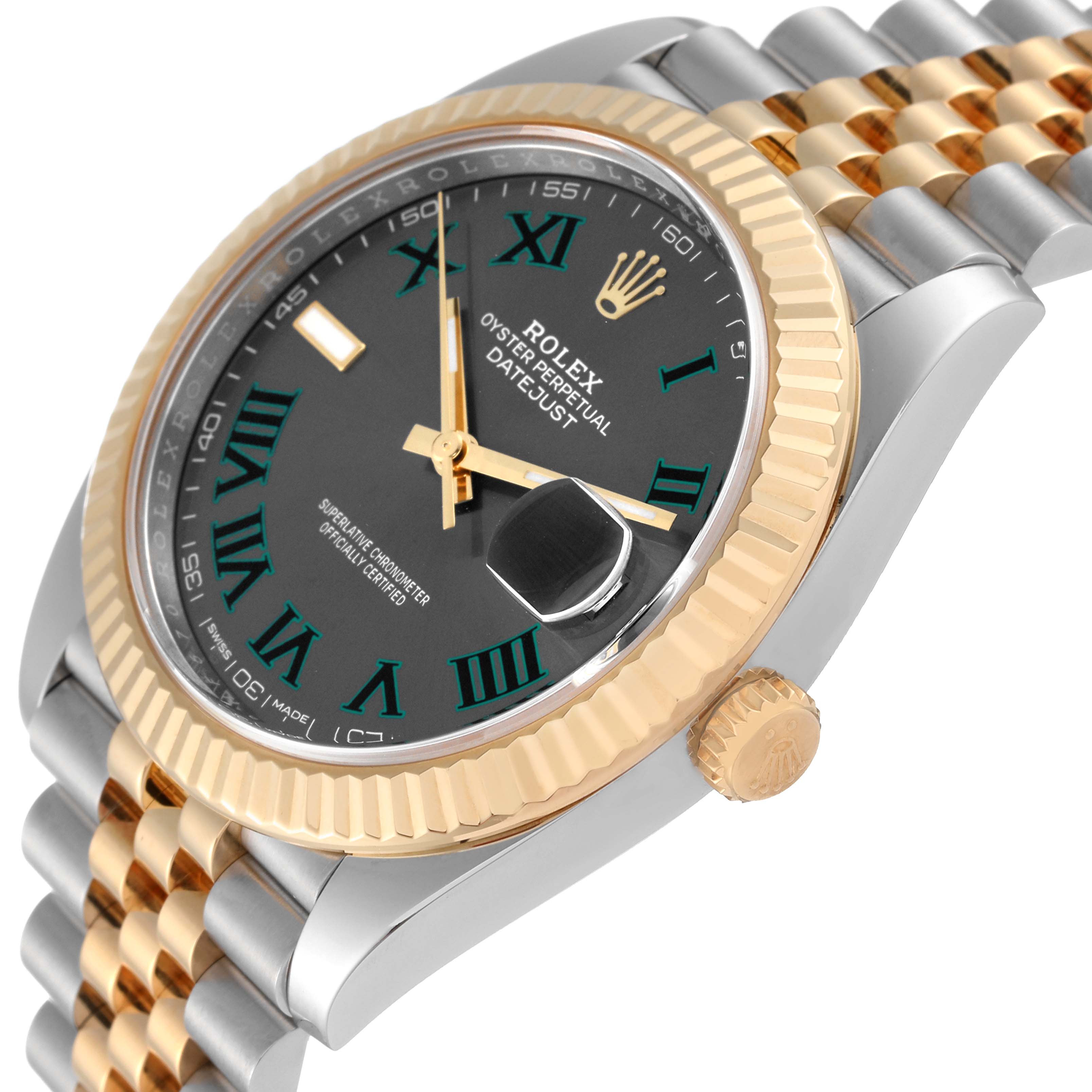 The image shows a close-up angle of the Rolex Datejust 41 126333 Men's Steel and Gold (two tone) Grey Dial 126333 Men's Steel and Gold (two tone) Grey Dial watch, highlighting the dial, bezel, and part of the bracelet.