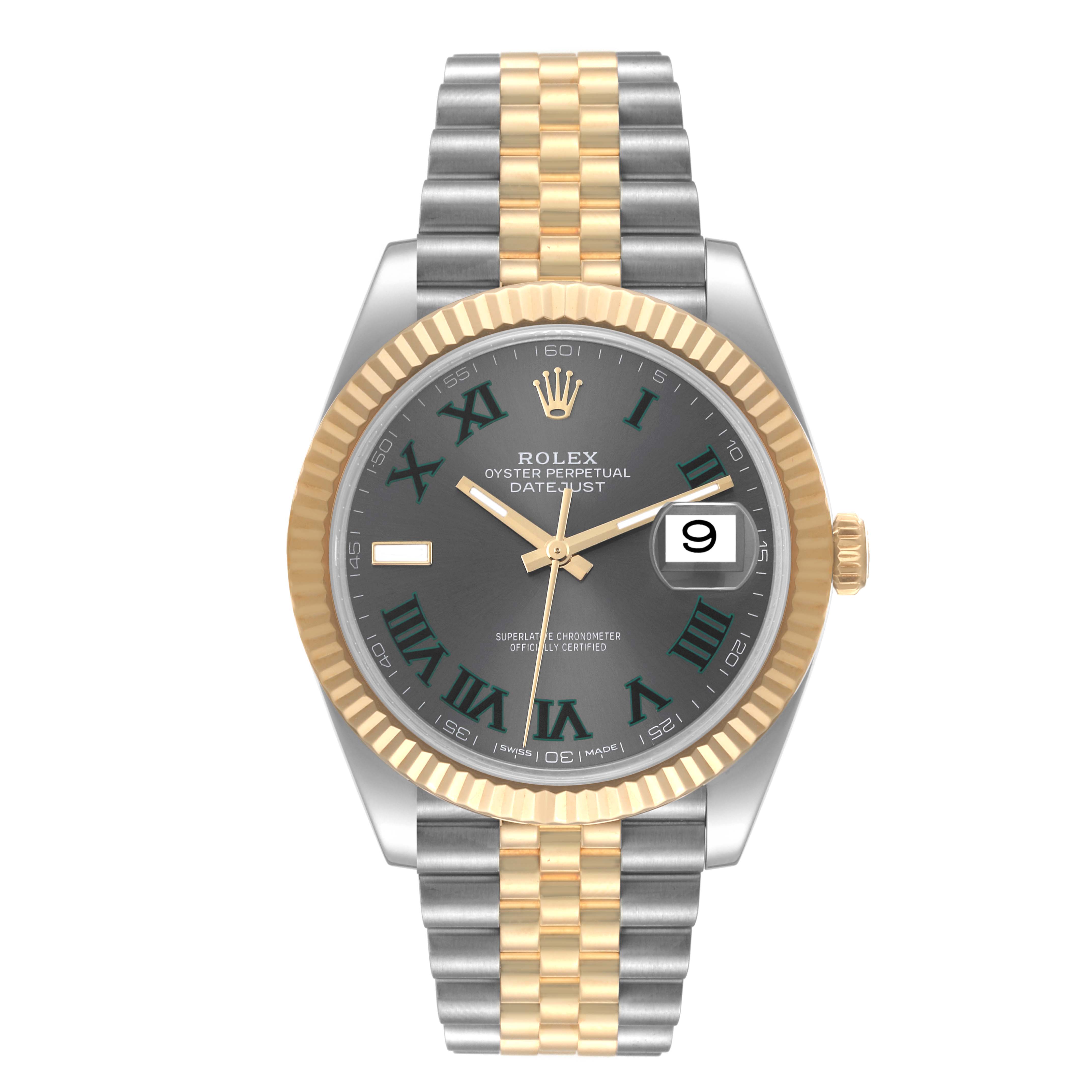 The image shows a Rolex Datejust 41 126333 Men's Steel and Gold (two tone) Grey Dial 126333 Men's Steel and Gold (two tone) Grey Dial watch with a grey dial, gold and silver jubilee bracelet, and a fluted gold bezel, viewed from the front.