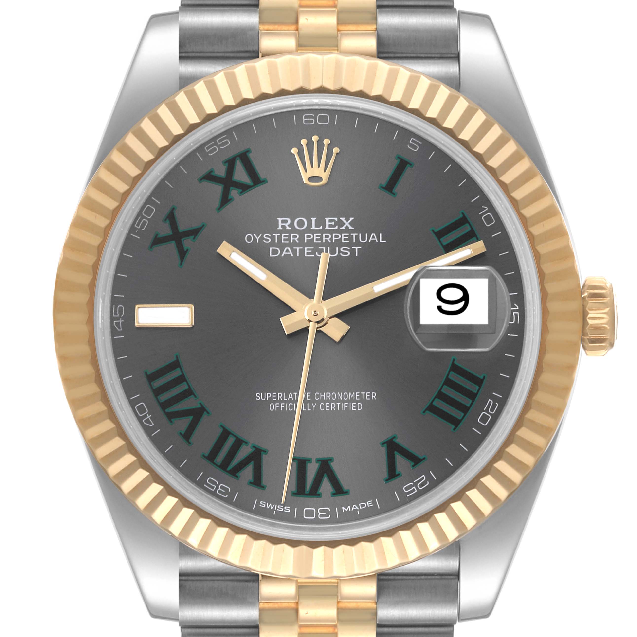 The image shows a frontal view of a Rolex Datejust 41 126333 Men's Steel and Gold (two tone) Grey Dial 126333 Men's Steel and Gold (two tone) Grey Dial watch, highlighting its gold bezel, Roman numeral markers, and date window.