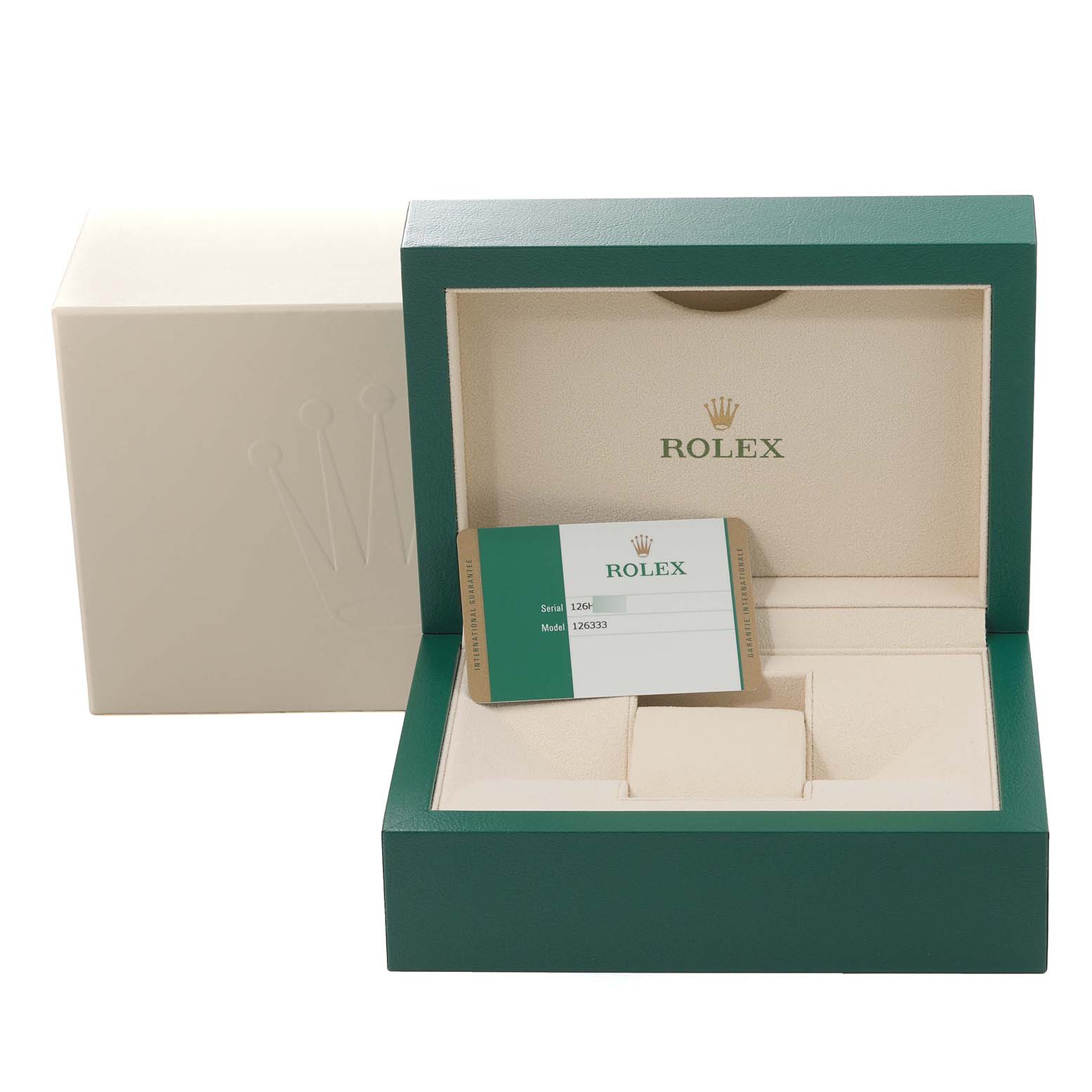 This image shows the open box and guarantee card of the Rolex Datejust 41 126333 Men's Steel and Gold (two tone) Grey Dial 126333 Men's Steel and Gold (two tone) Grey Dial model.
