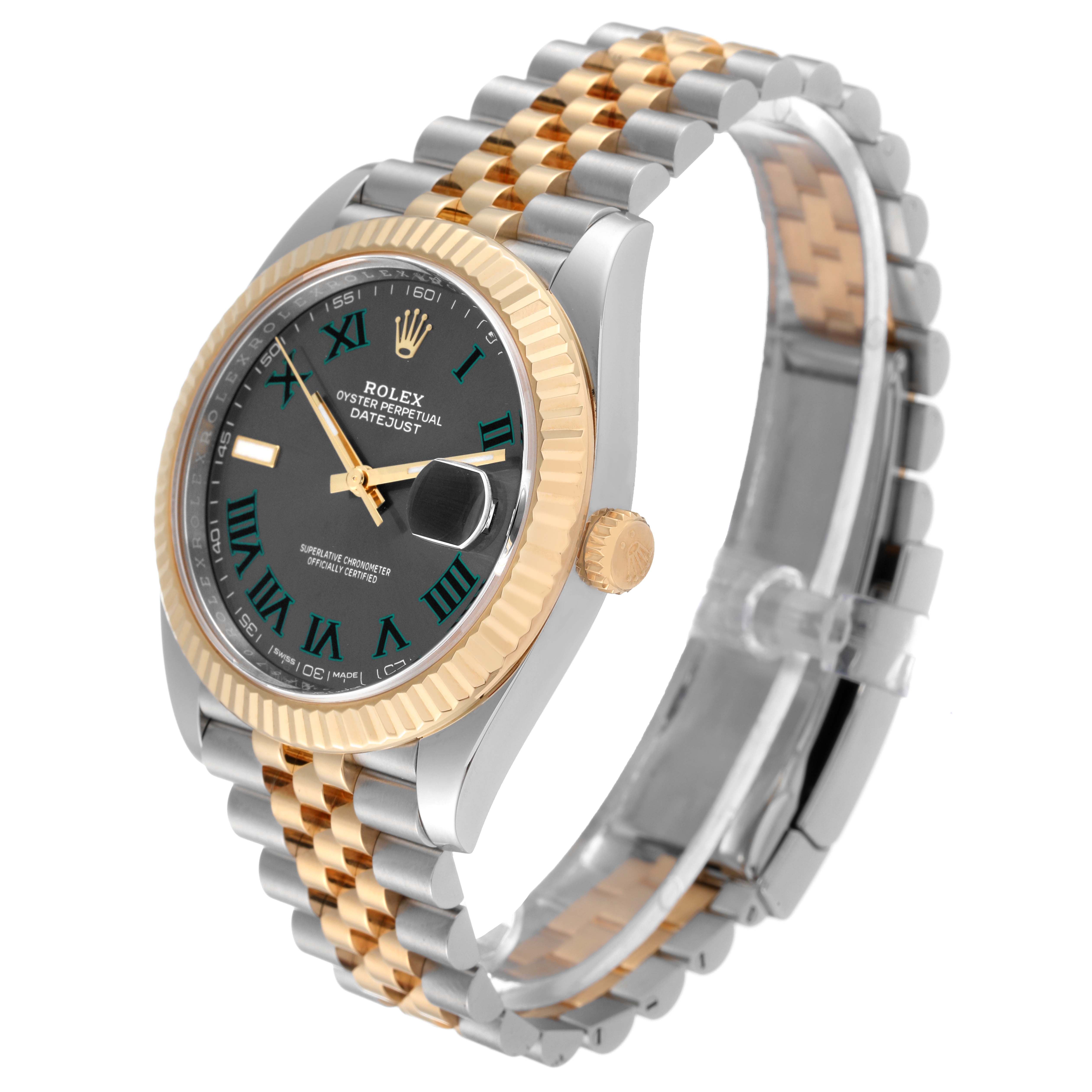 The Rolex Datejust 41 126333 Men's Steel and Gold (two tone) Grey Dial 126333 Men's Steel and Gold (two tone) Grey Dial watch is shown from an angled side view, displaying its face, bezel, and two-tone bracelet.