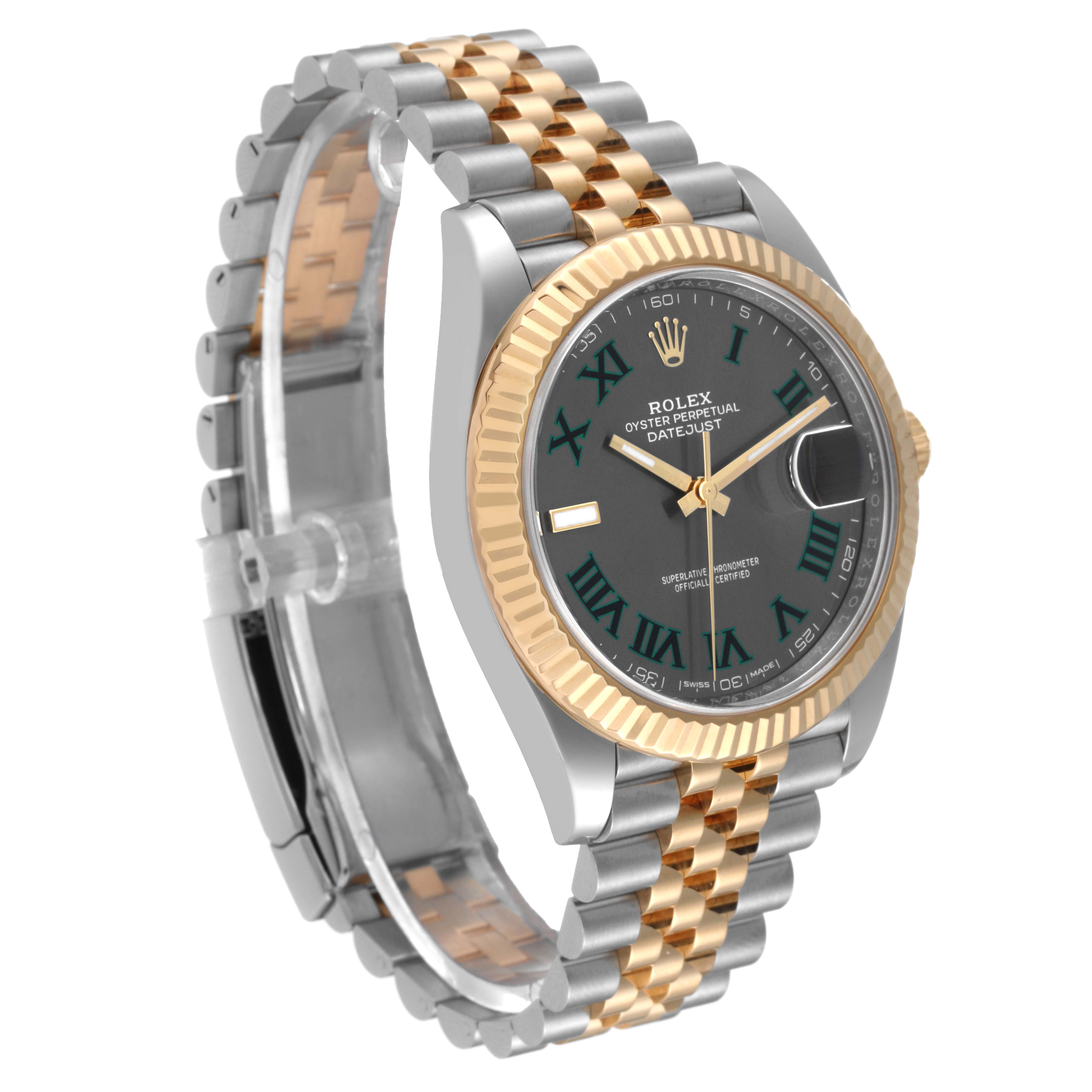 This image shows a side and front angle of the Rolex Datejust 41 126333 Men's Steel and Gold (two tone) Grey Dial 126333 Men's Steel and Gold (two tone) Grey Dial, highlighting the face, bezel, and two-tone bracelet.