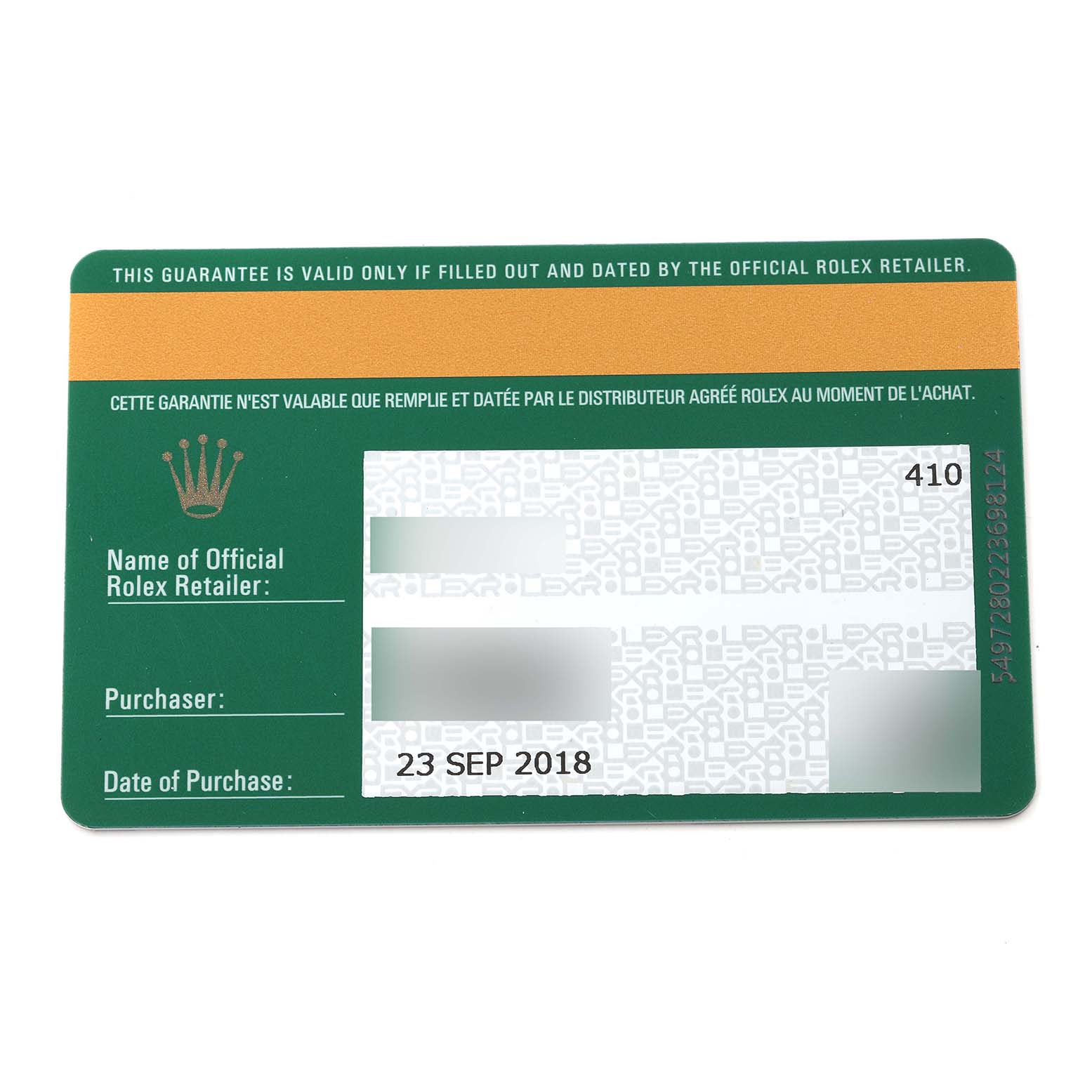 The image shows the guarantee card for the Rolex Datejust 41 126333 Men's Steel and Gold (two tone) Grey Dial 126333 Men's Steel and Gold (two tone) Grey Dial watch, with purchase details and retailer information partially visible.