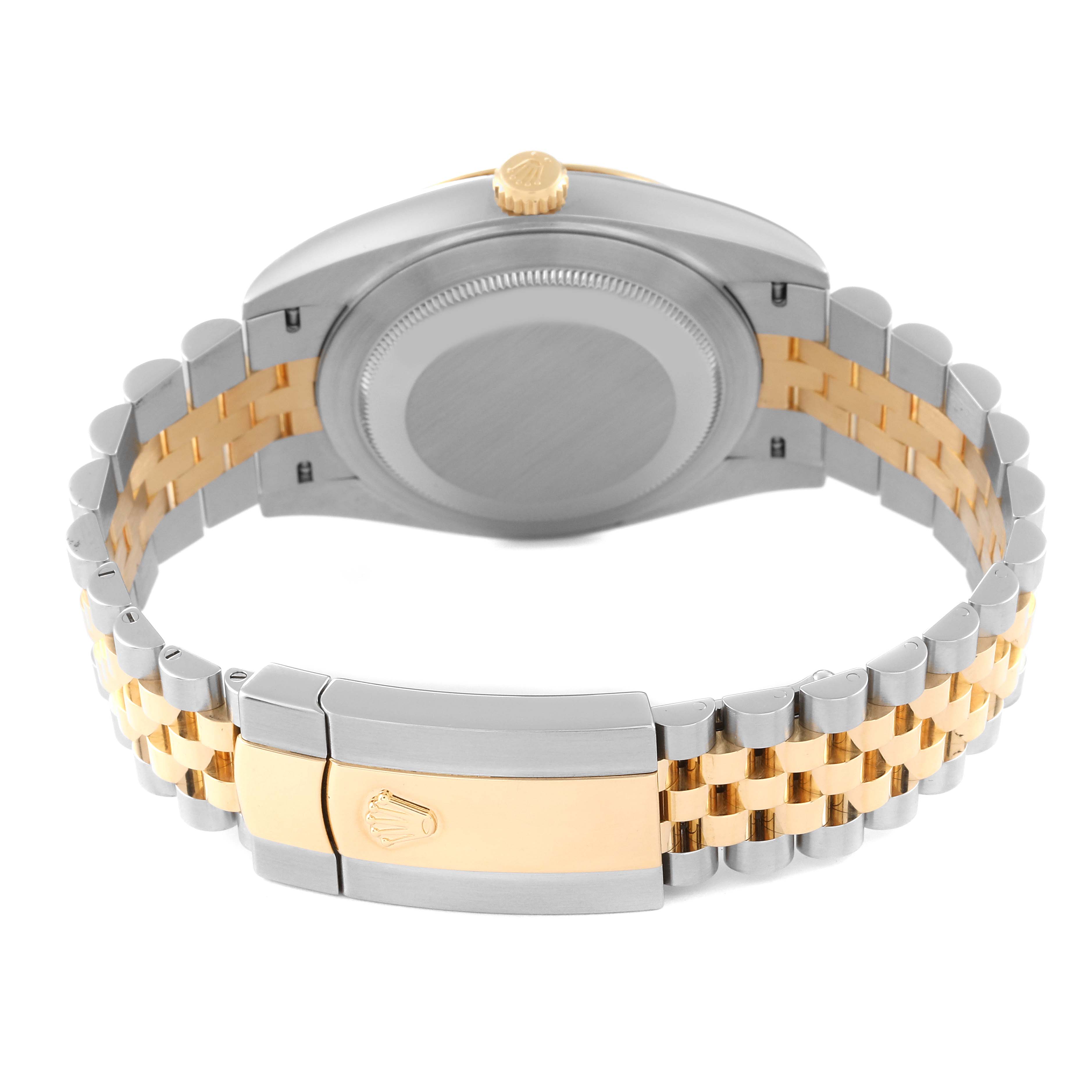 The image shows the back view of a Rolex Datejust 41 126333 Men's Steel and Gold (two tone) Grey Dial 126333 Men's Steel and Gold (two tone) Grey Dial with a two-tone bracelet and a closed clasp.