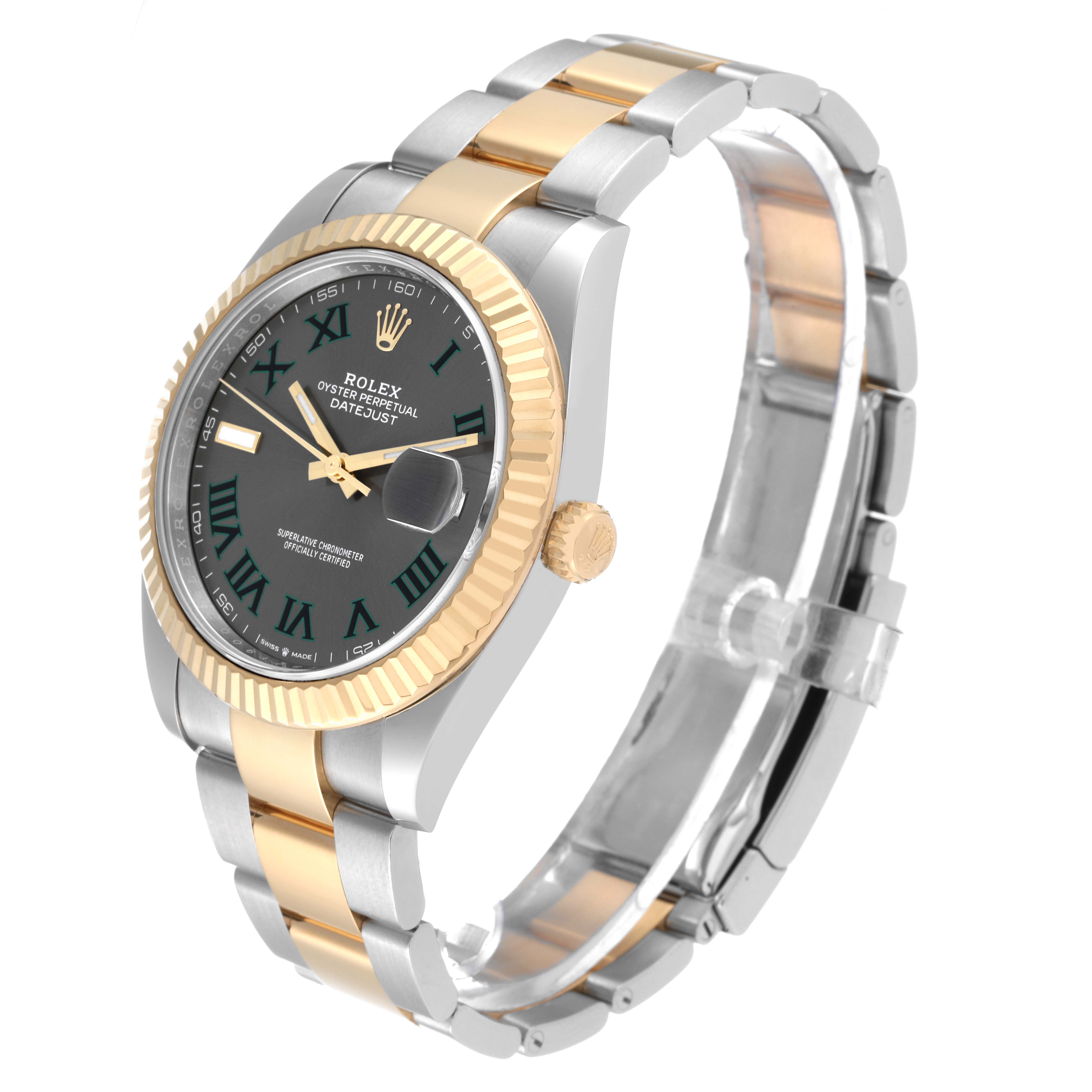 This is a Rolex Datejust 41 126333 Men's Steel and Gold (two tone) Grey Dial 126333 Men's Steel and Gold (two tone) Grey Dial watch shown at a 3/4 angle, revealing the face, bezel, and bracelet.