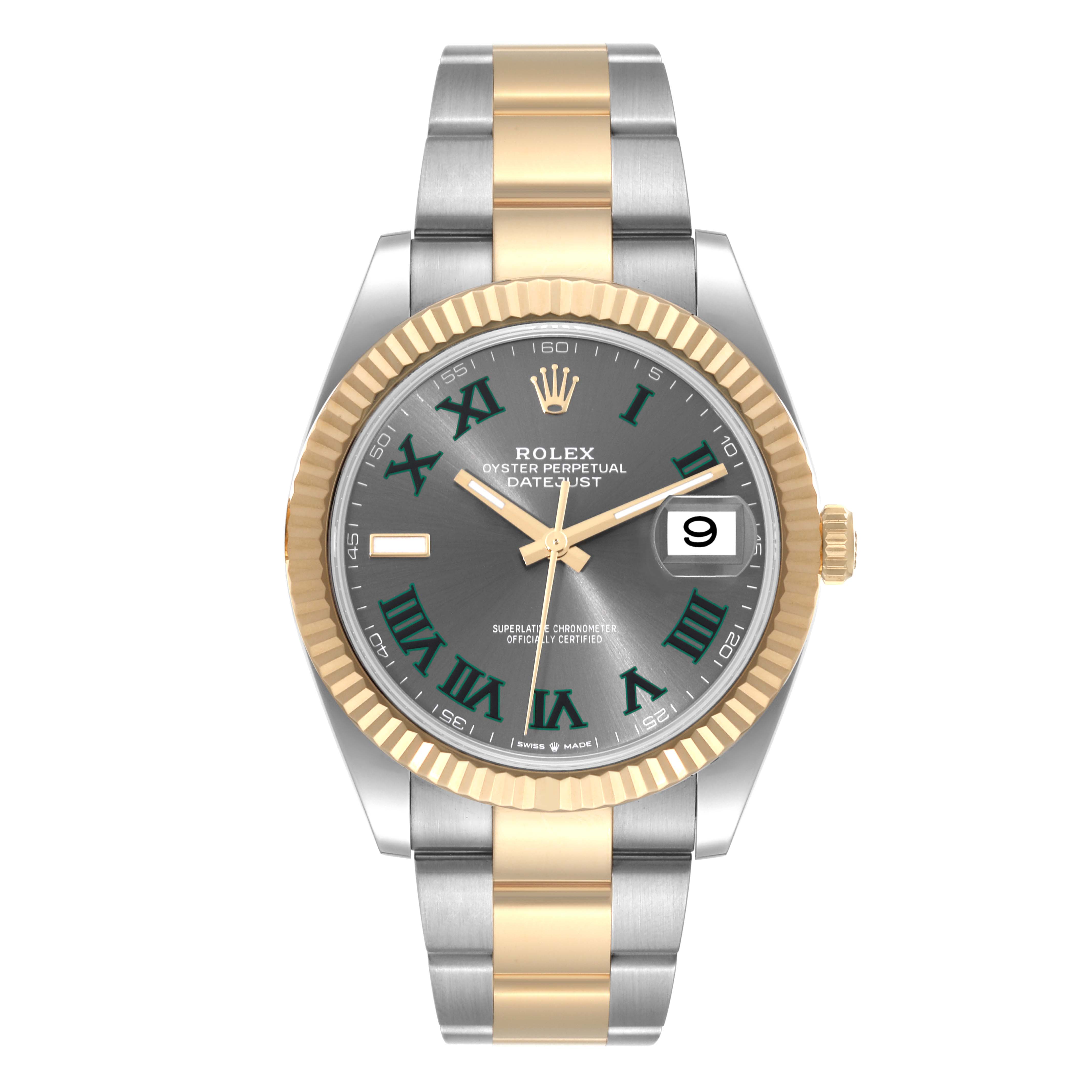 This image shows a front view of a Rolex Datejust 41 126333 Men's Steel and Gold (two tone) Grey Dial 126333 Men's Steel and Gold (two tone) Grey Dial watch, highlighting its face, bezel, and two-tone bracelet.