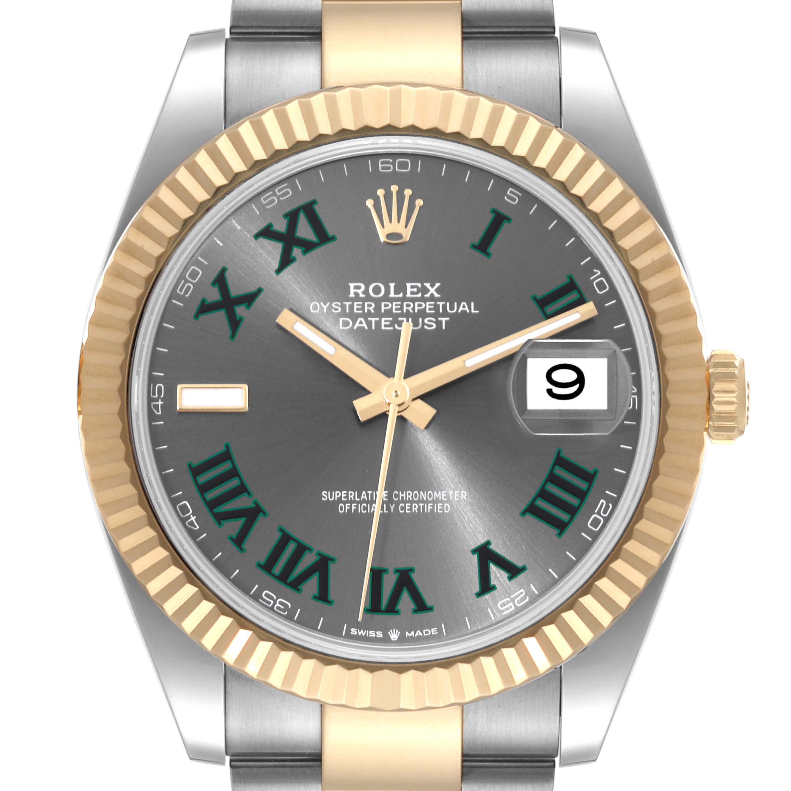 This image shows a front view of the Rolex Datejust 41 126333 Men's Steel and Gold (two tone) Grey Dial 126333 Men's Steel and Gold (two tone) Grey Dial, highlighting the face, hands, and the date window.