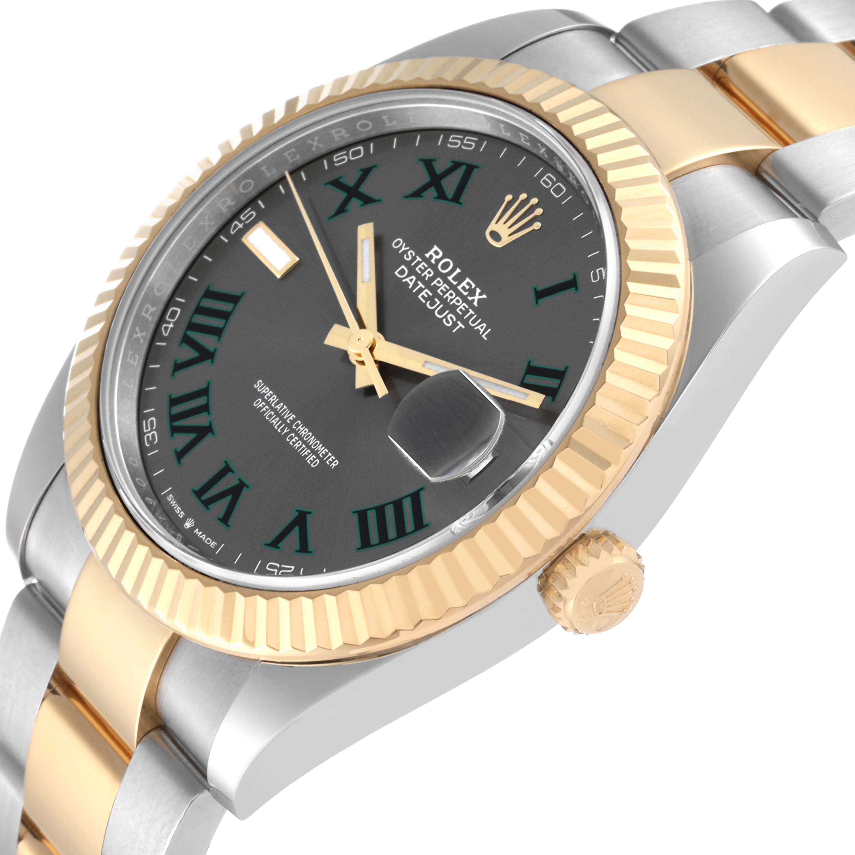The image shows an angled view of the Rolex Datejust 41 126333 Men's Steel and Gold (two tone) Grey Dial 126333 Men's Steel and Gold (two tone) Grey Dial, highlighting the dial, bezel, crown, and part of the bracelet.