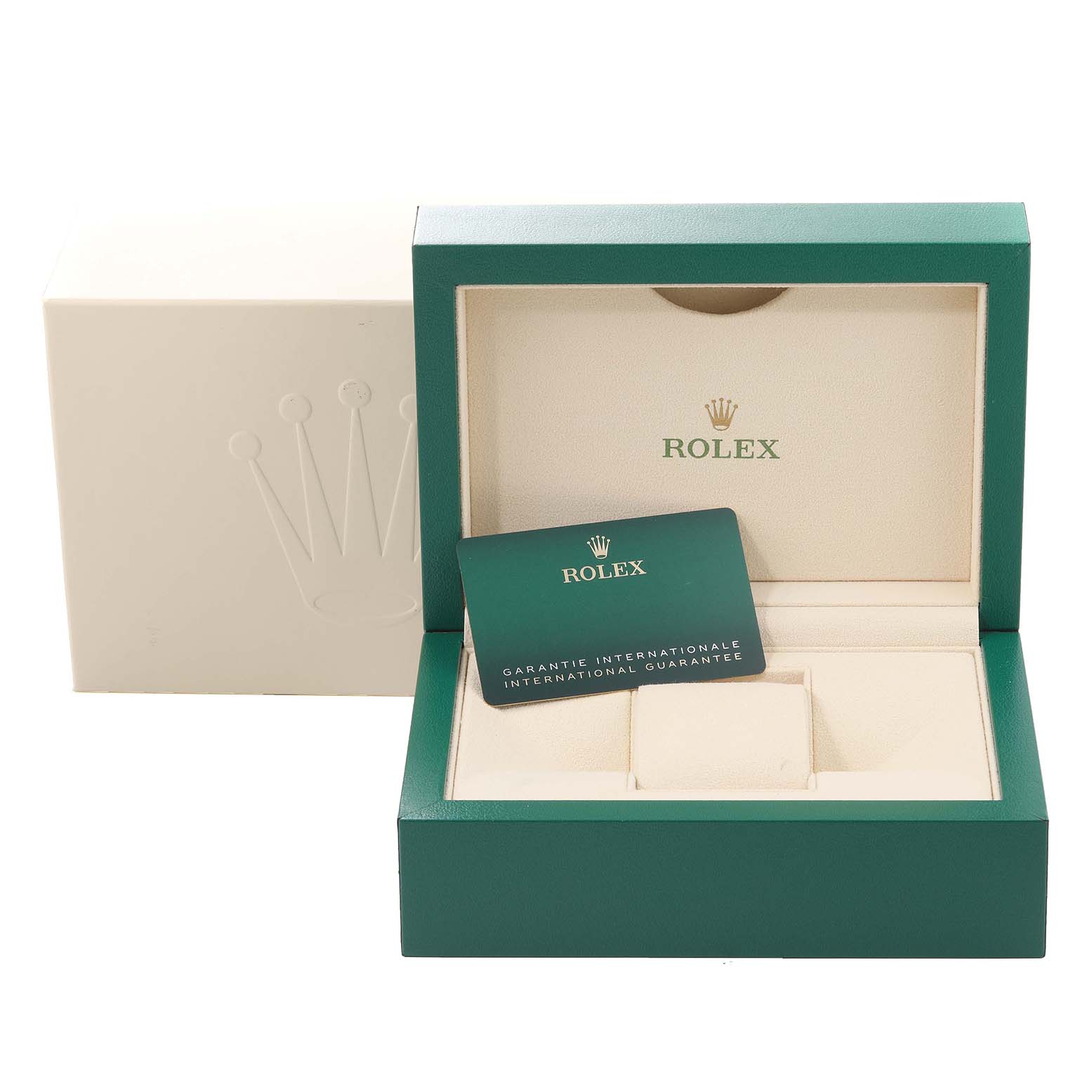 The image shows a green and beige Rolex Datejust 41 126333 Men's Steel and Gold (two tone) Grey Dial 126333 Men's Steel and Gold (two tone) Grey Dial watch box, with a guarantee card placed inside.