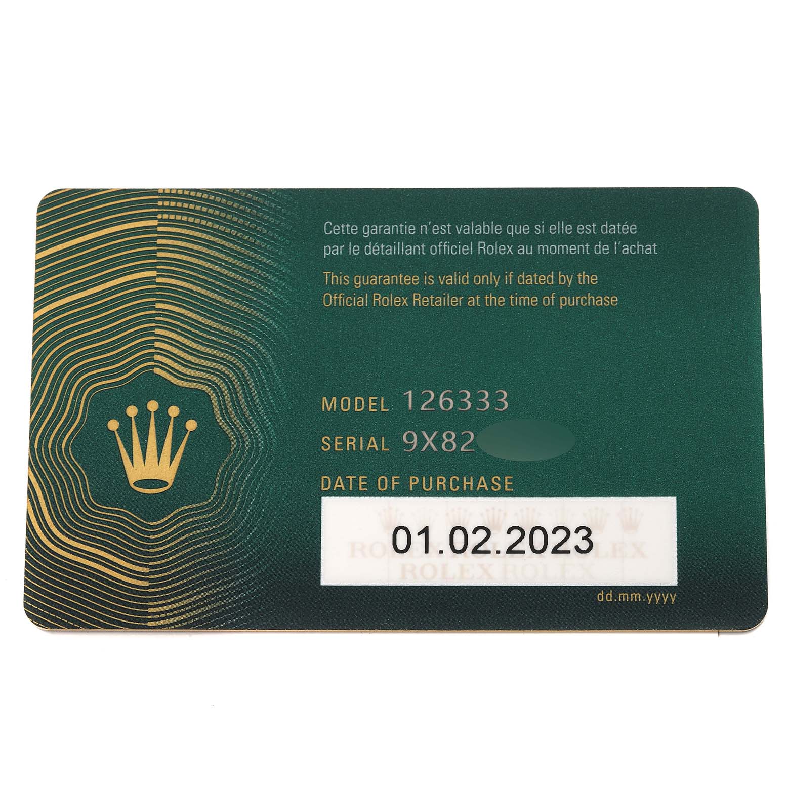 The image shows a warranty card for the Rolex Datejust 41 126333 Men's Steel and Gold (two tone) Grey Dial 126333 Men's Steel and Gold (two tone) Grey Dial model 126333, displaying the model and serial numbers and the purchase date.