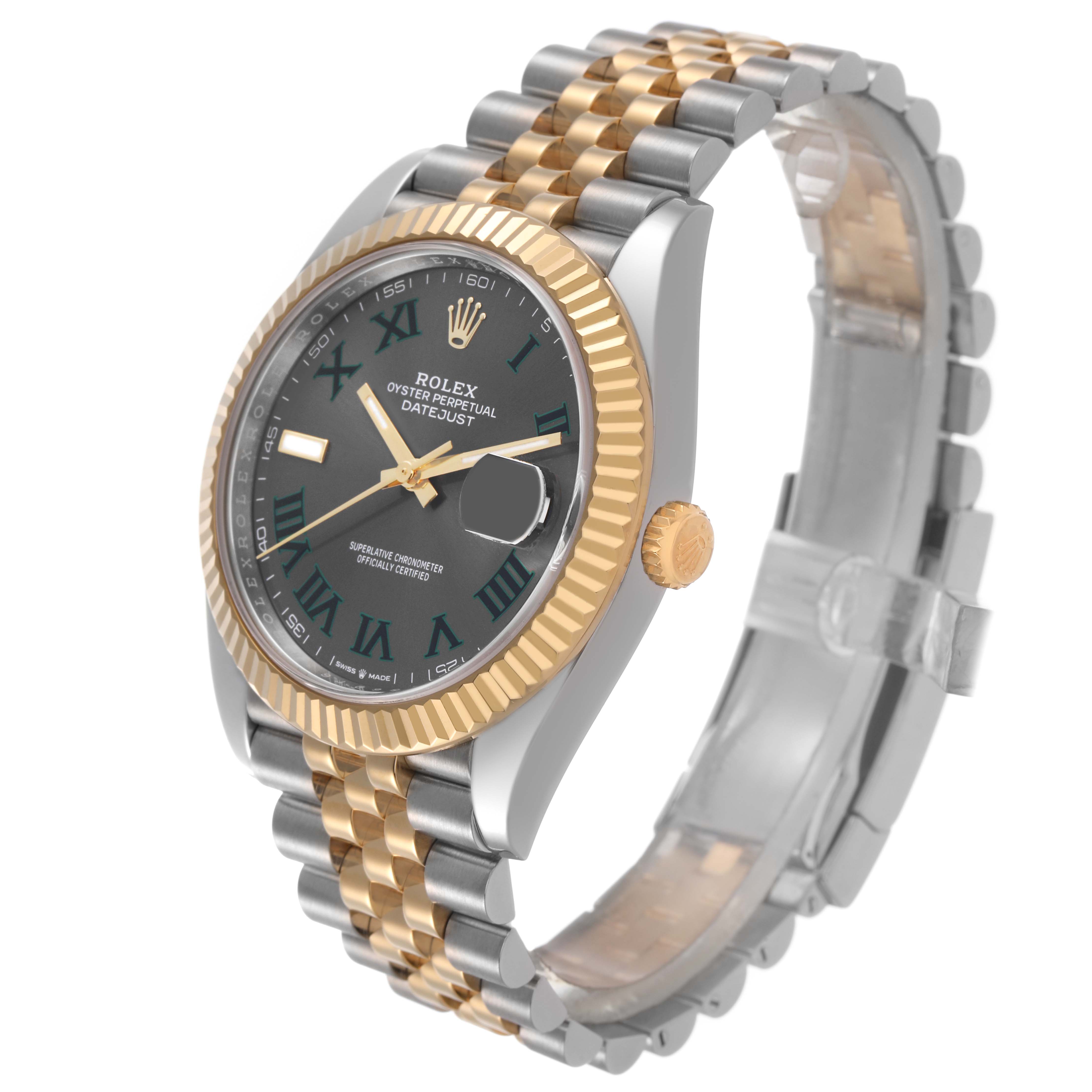 The Rolex Datejust 41 126333 Men's Steel and Gold (two tone) Grey Dial is shown at a three-quarter angle, highlighting the dial, fluted bezel, crown, and Jubilee bracelet.