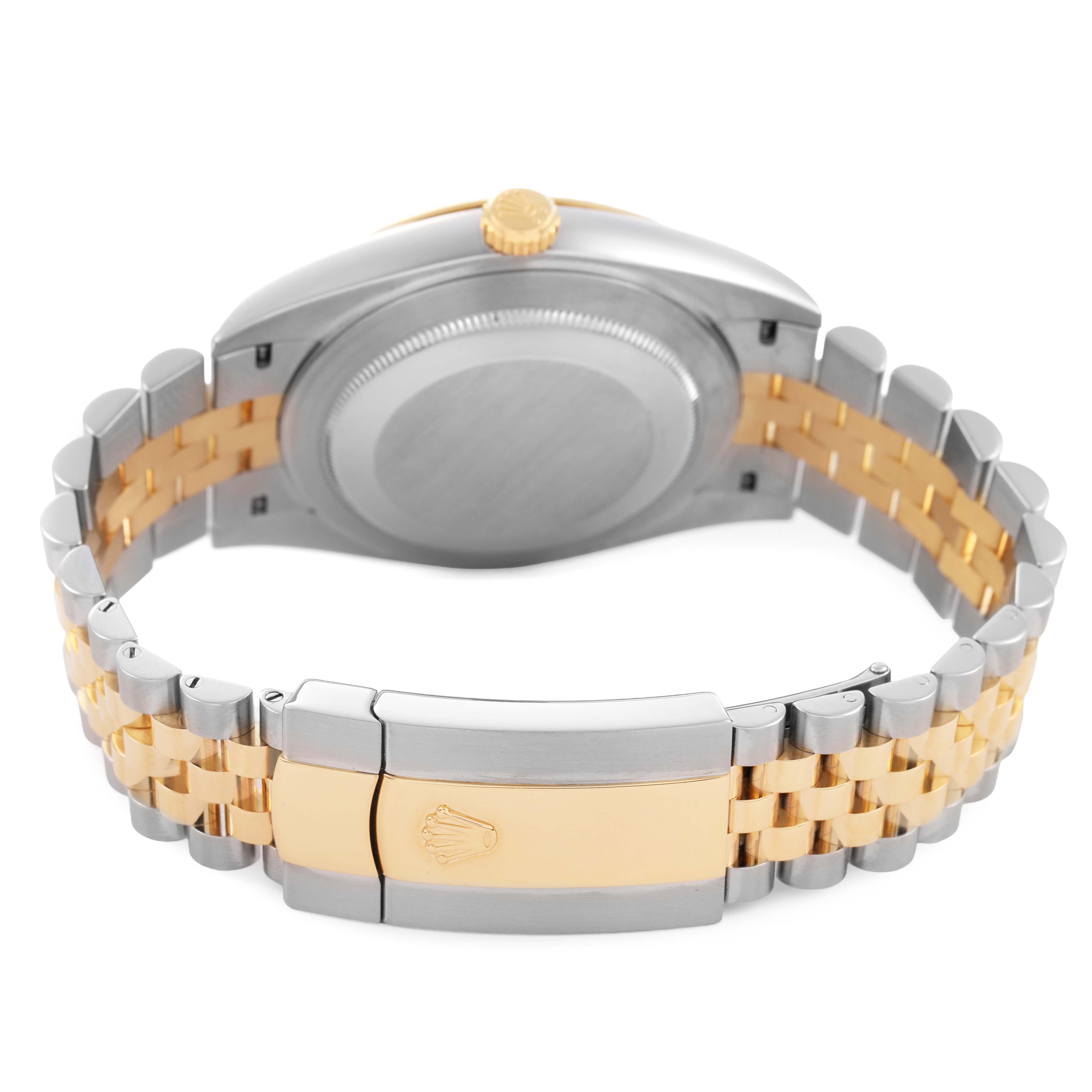 The image shows the case back, crown, and two-tone bracelet of the Rolex Datejust 41 126333 Men's Steel and Gold (two tone) Grey Dial from a rear angle.