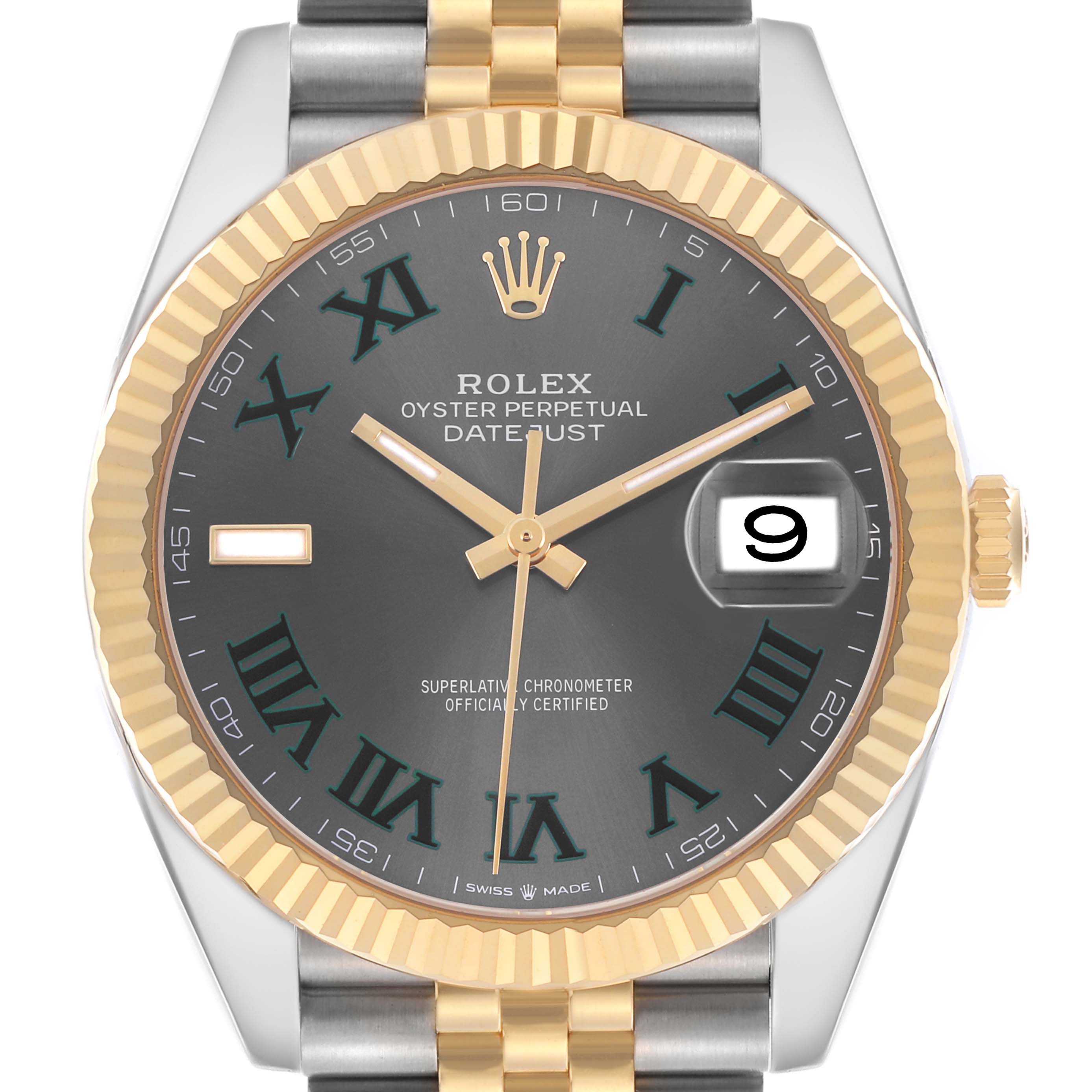 This Rolex Datejust 41 126333 Men's Steel and Gold (two tone) Grey Dial watch is shown from a front view, displaying its gold fluted bezel, gray dial, and date magnifier.