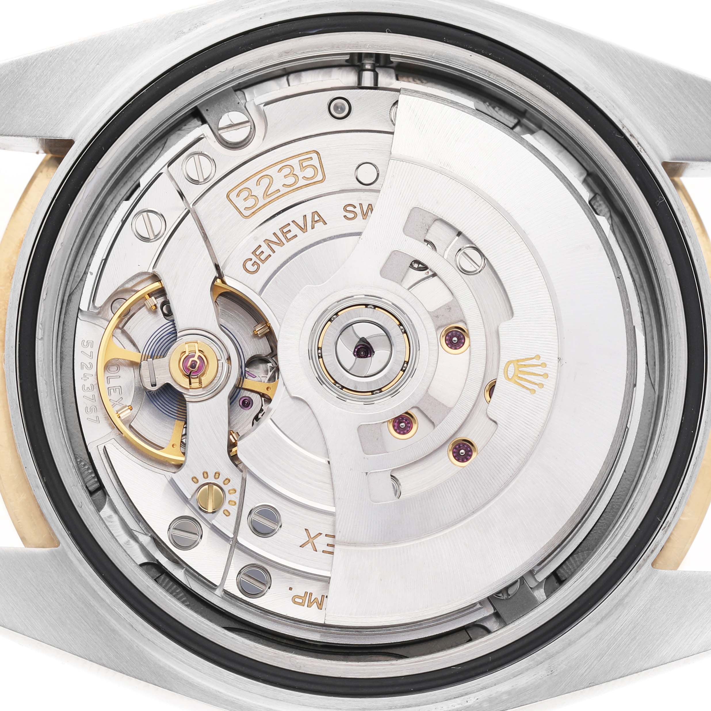 The image shows the movement mechanism of a Rolex Datejust 41 126333 Men's Steel and Gold (two tone) Grey Dial, focusing on the caliber 3235 from the back.