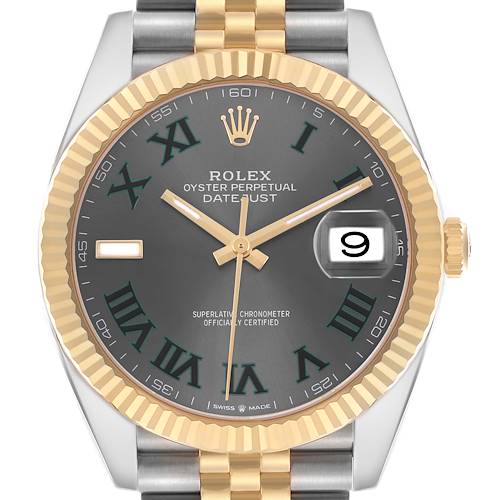 The Rolex Datejust 41 126333 Men's Steel and Gold (two tone) Grey Dial is shown from the front, displaying the dial, gold fluted bezel, and part of the bracelet.