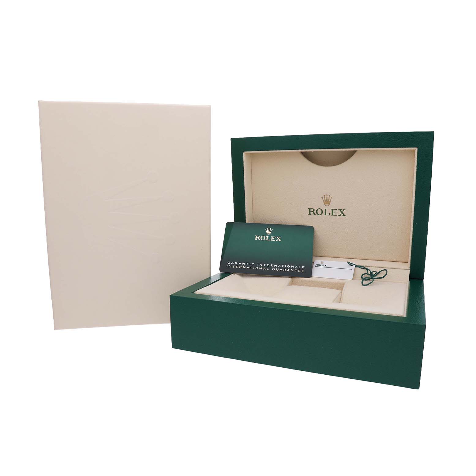 The image shows the open box and warranty card for a Rolex Datejust 41 126333 Men's Steel and Gold (two tone) Grey Dial.