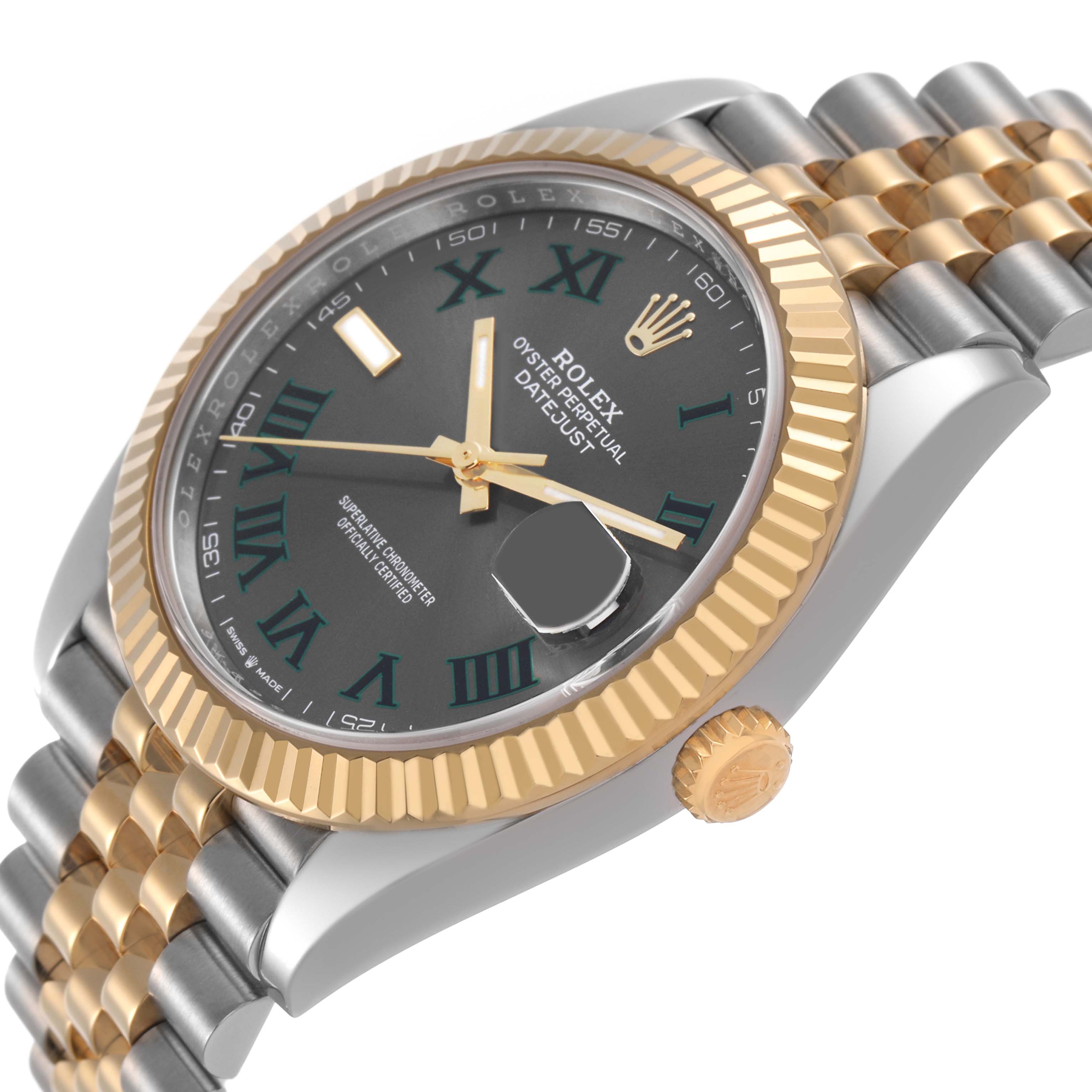 The Rolex Datejust 41 126333 Men's Steel and Gold (two tone) Grey Dial is shown at an angled view, highlighting its gold and steel bracelet, fluted bezel, and Roman numeral dial.