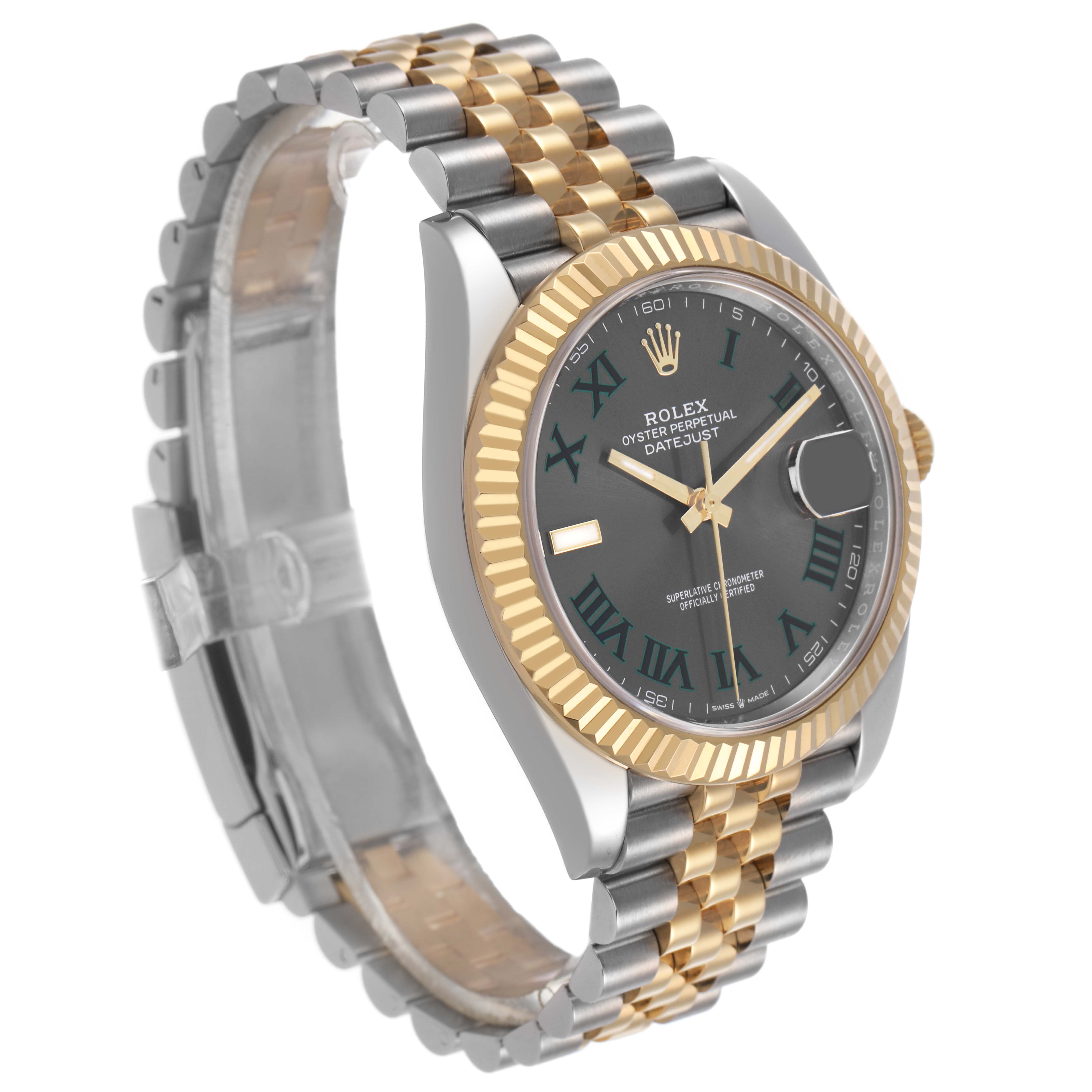 The Rolex Datejust 41 126333 Men's Steel and Gold (two tone) Grey Dial is shown at a three-quarter angle highlighting the dial, fluted bezel, and Jubilee bracelet.