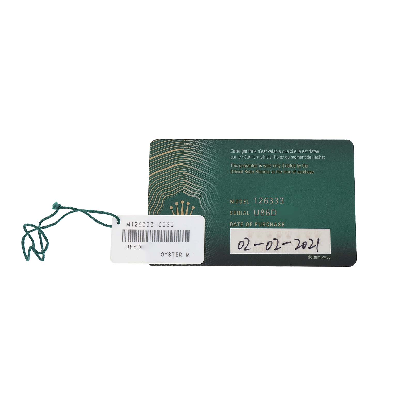 The image shows a green warranty card and tag for the Rolex Datejust 41 126333 Men's Steel and Gold (two tone) Grey Dial model.