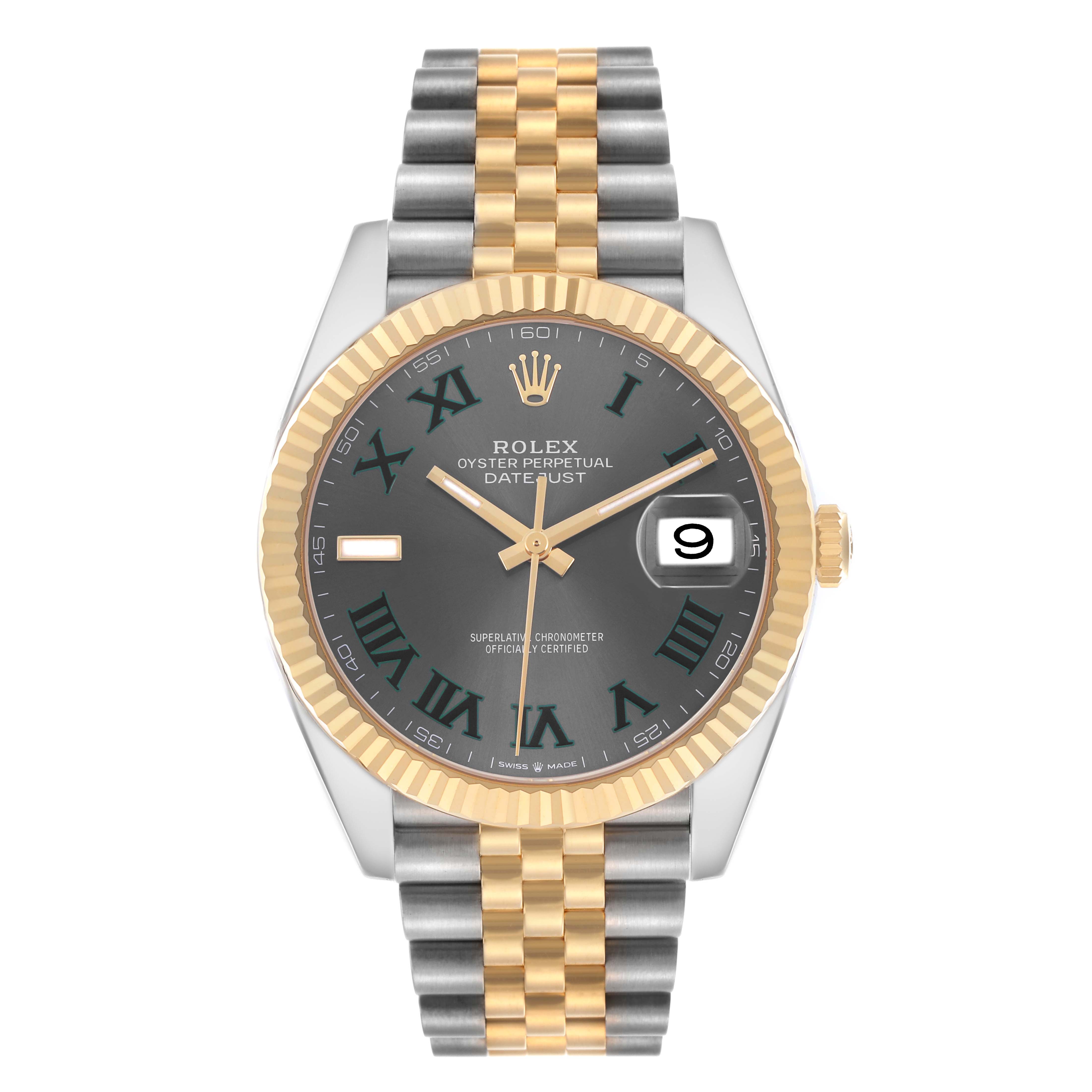 The Rolex Datejust 41 126333 Men's Steel and Gold (two tone) Grey Dial watch is shown from a top-down angle, highlighting the dial, bezel, and jubilee bracelet.