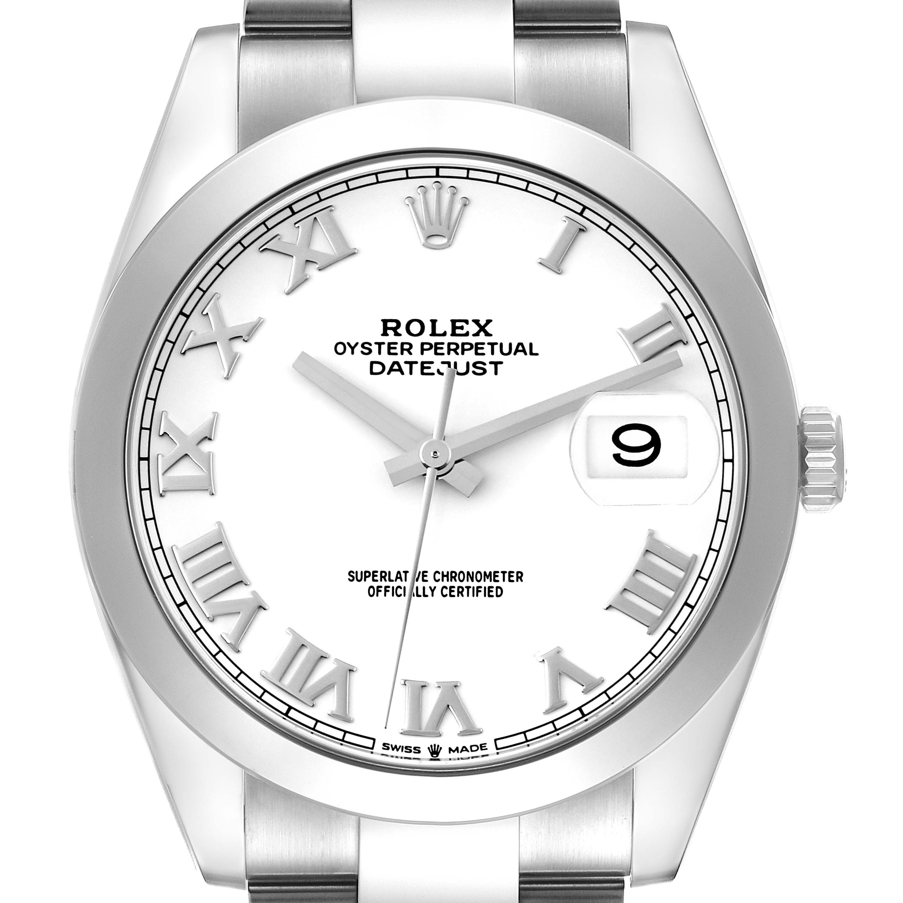 The image shows a front view of the Rolex Datejust 41 126300 Men's Stainless Steel White Dial 126300 Men's Stainless Steel White Dial watch, displaying the dial, hands, date window, bezel, and part of the bracelet.