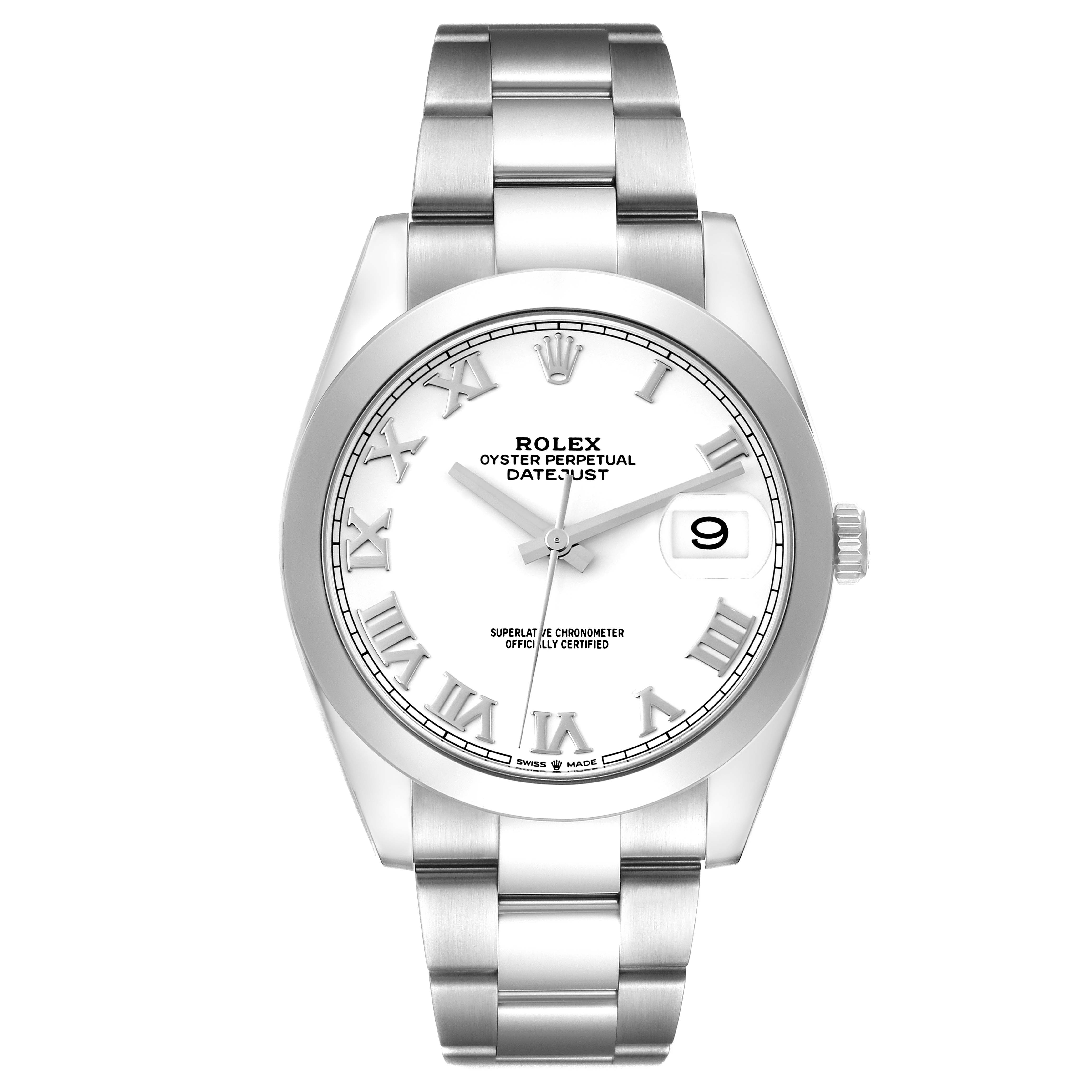 The image shows a front view of a Rolex Datejust 41 126300 Men's Stainless Steel White Dial 126300 Men's Stainless Steel White Dial, highlighting the dial, bracelet, and date window at 3 o'clock.