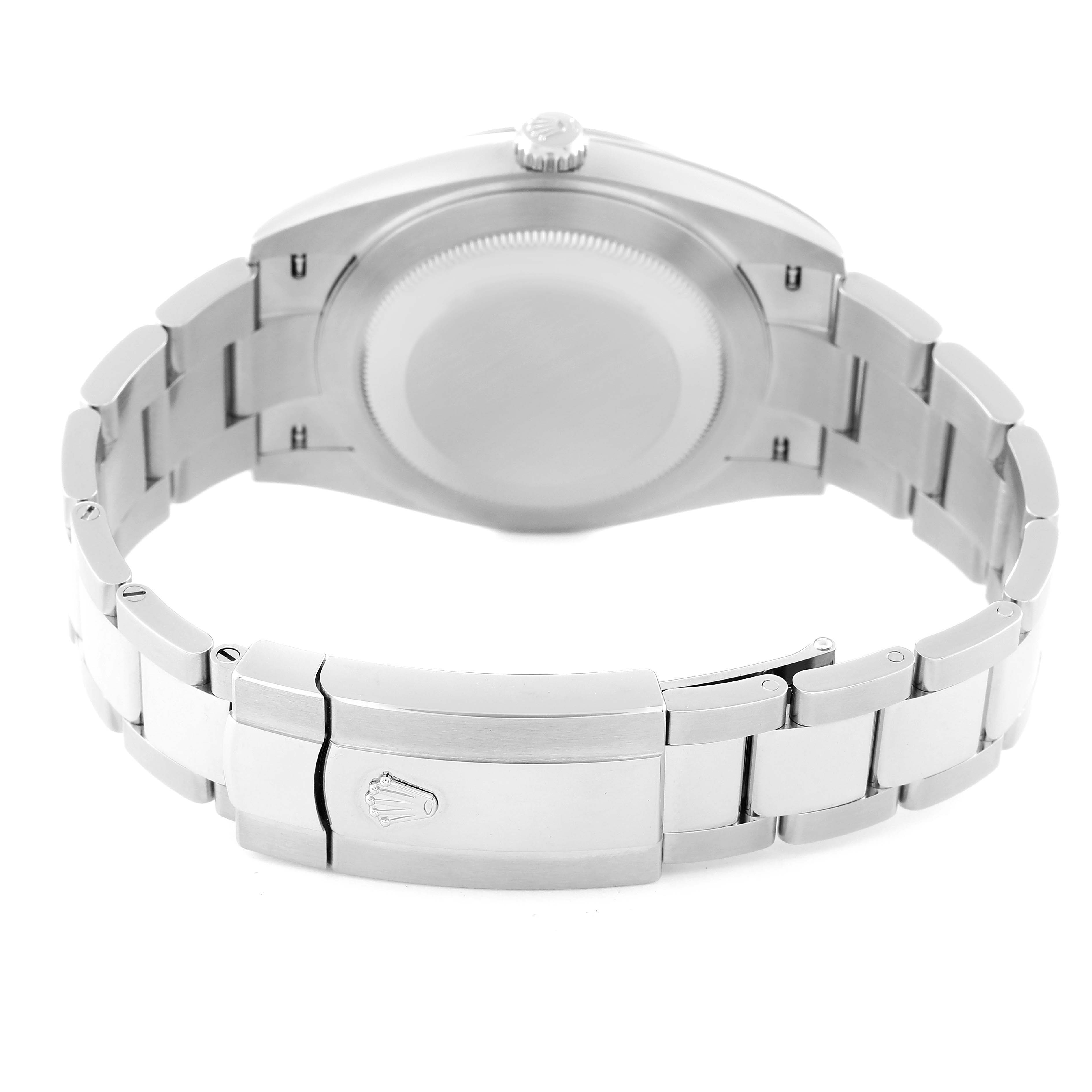 The image shows the back case and clasp of the Rolex Datejust 41 126300 Men's Stainless Steel White Dial 126300 Men's Stainless Steel White Dial watch at a slightly tilted angle.