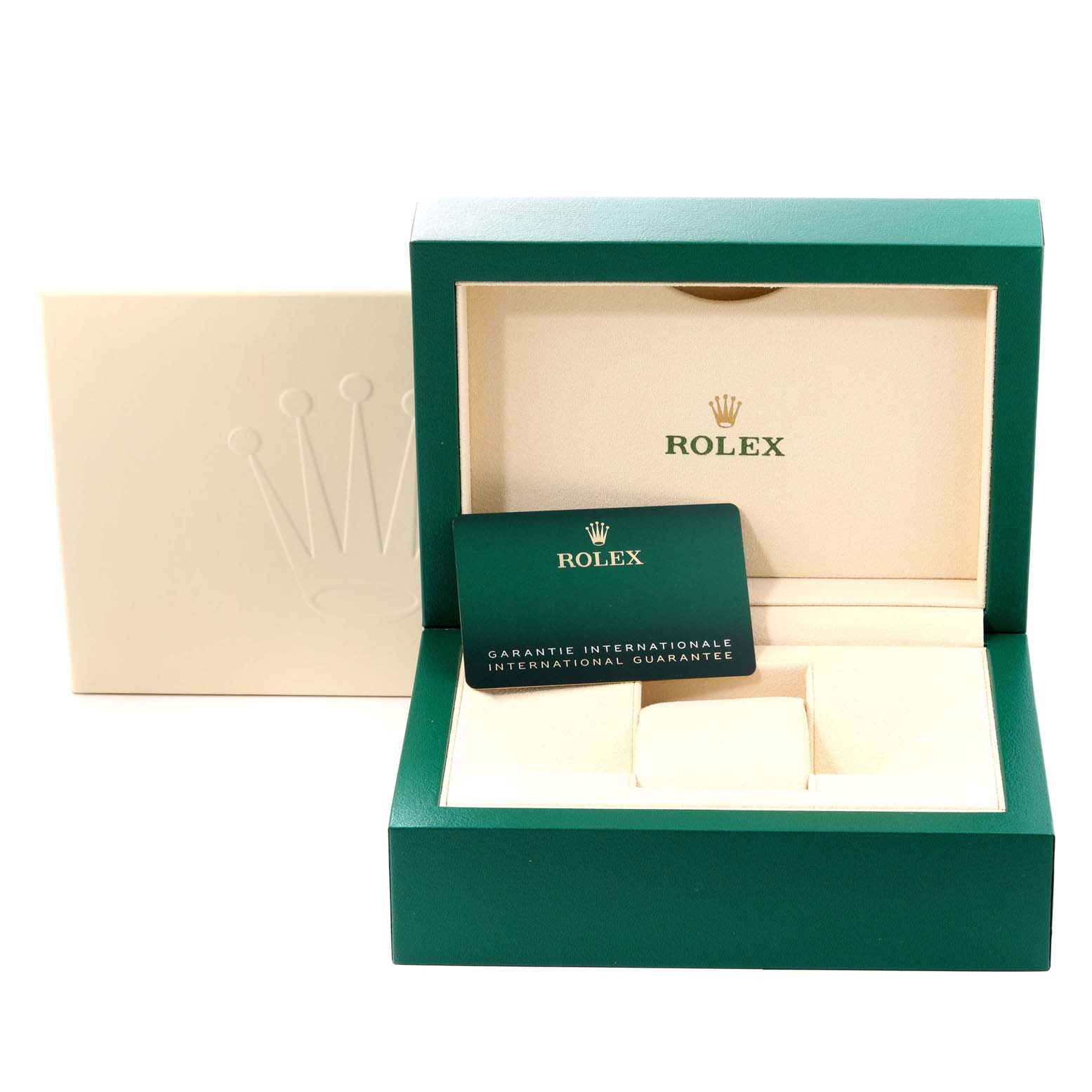 The image shows the open box and guarantee card of the Rolex Datejust 41 126300 Men's Stainless Steel White Dial 126300 Men's Stainless Steel White Dial watch from a front angle.