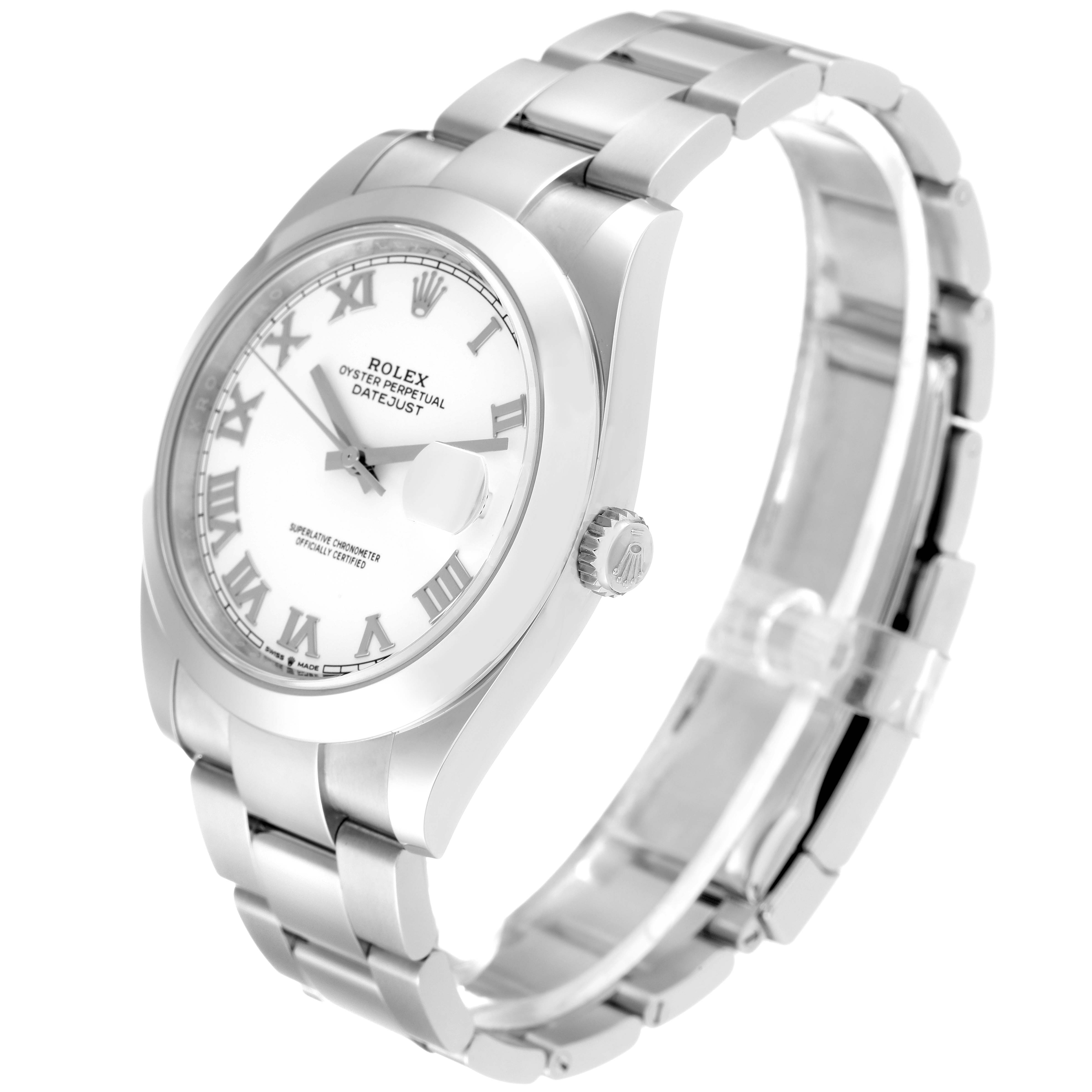 This image displays a side angle of the Rolex Datejust 41 126300 Men's Stainless Steel White Dial 126300 Men's Stainless Steel White Dial, highlighting the dial, case, bracelet, and crown.