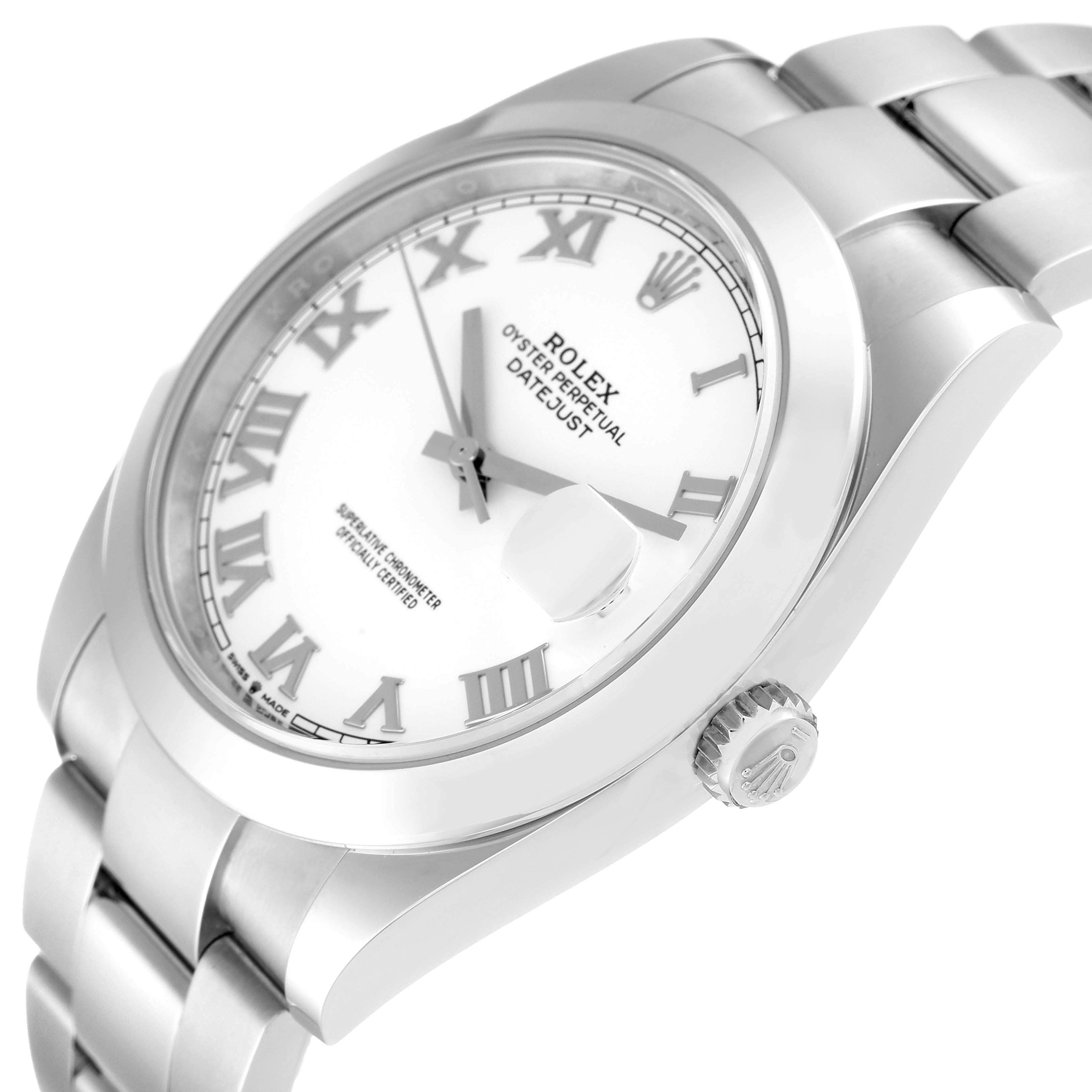 This image shows the Rolex Datejust 41 126300 Men's Stainless Steel White Dial 126300 Men's Stainless Steel White Dial model watch from a tilted side angle, displaying the dial, bezel, crown, and part of the bracelet.