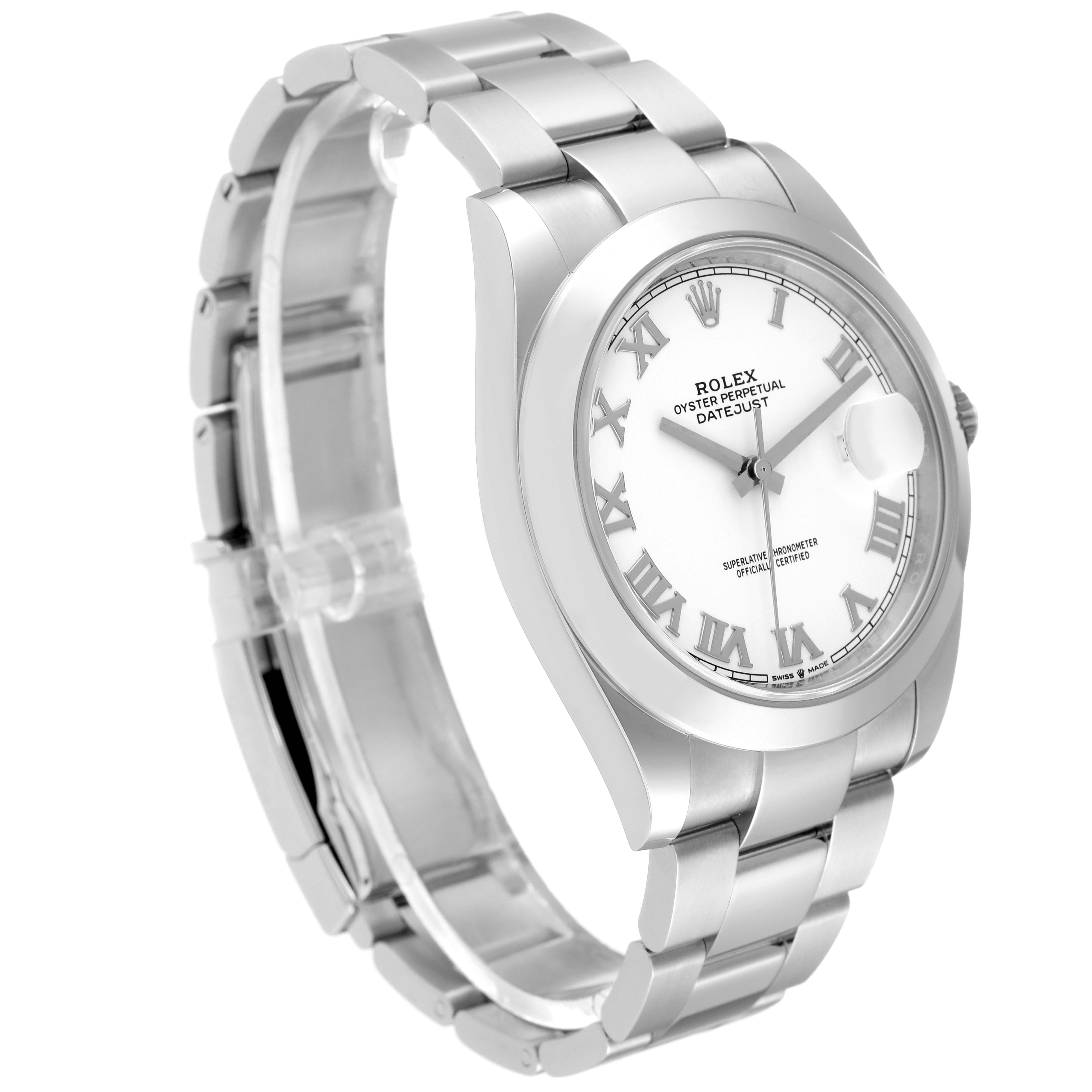 The image shows a Rolex Datejust 41 126300 Men's Stainless Steel White Dial 126300 Men's Stainless Steel White Dial watch at a slight angle, highlighting the white dial, Roman numerals, and stainless steel bracelet.