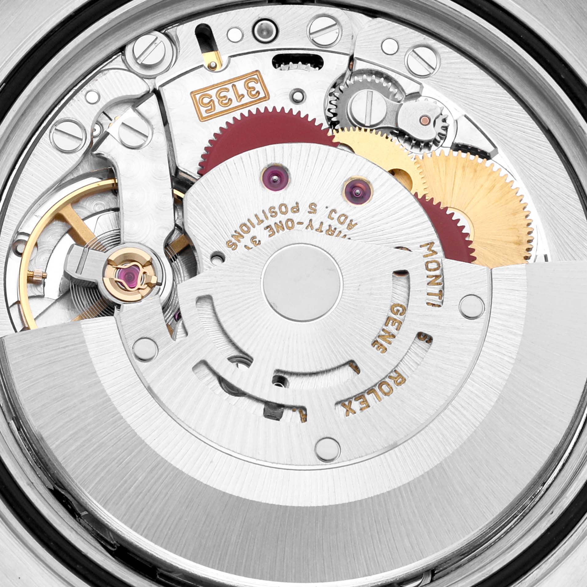 This image shows a close-up view of the movement mechanism inside a Rolex Datejust 16233 Men's Steel and Gold (two tone) Blue Dial 16233 Men's Steel and Gold (two tone) Blue Dial watch.