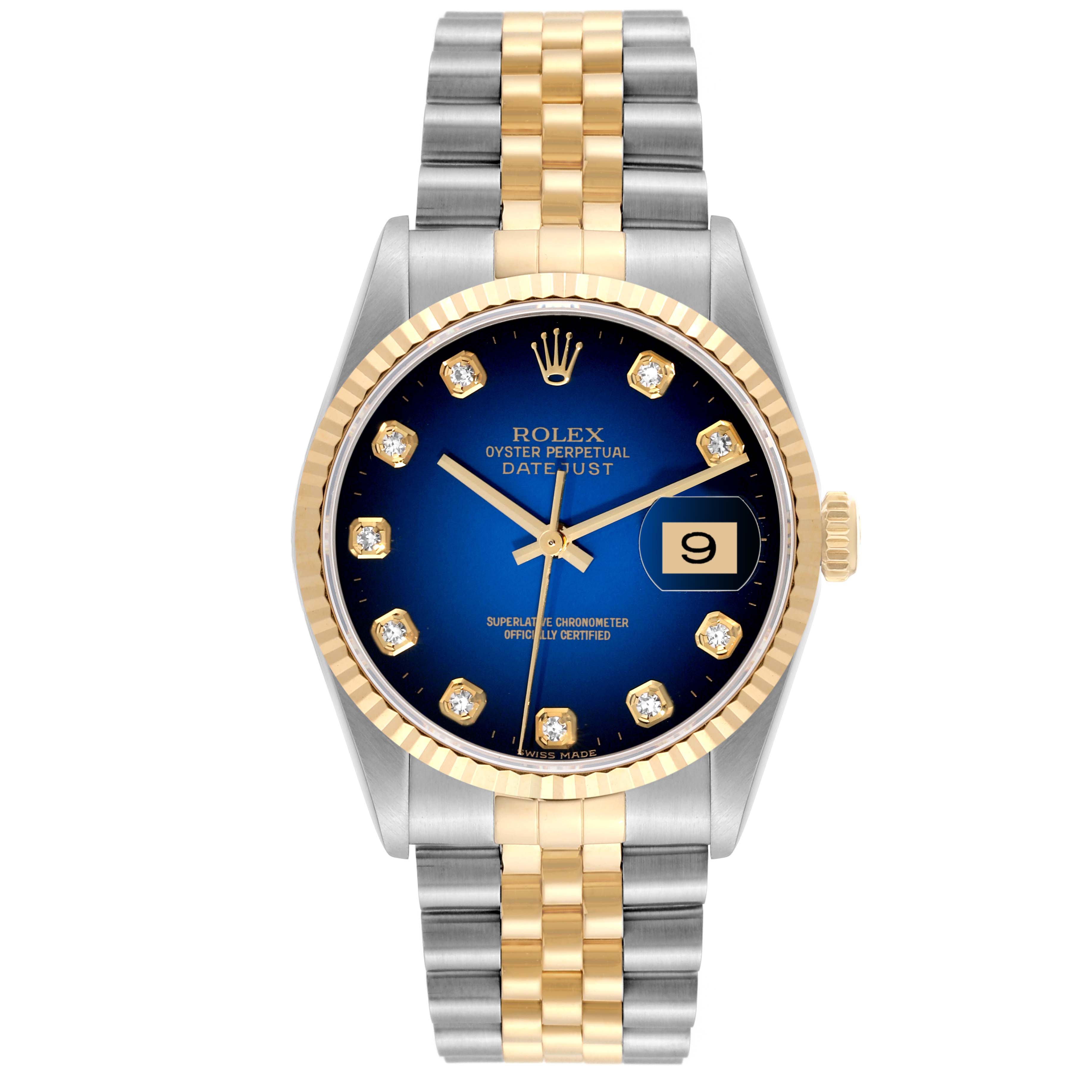 The Rolex Datejust 16233 Men's Steel and Gold (two tone) Blue Dial 16233 Men's Steel and Gold (two tone) Blue Dial watch is shown from the front, displaying its blue dial, jubilee bracelet, and date window.
