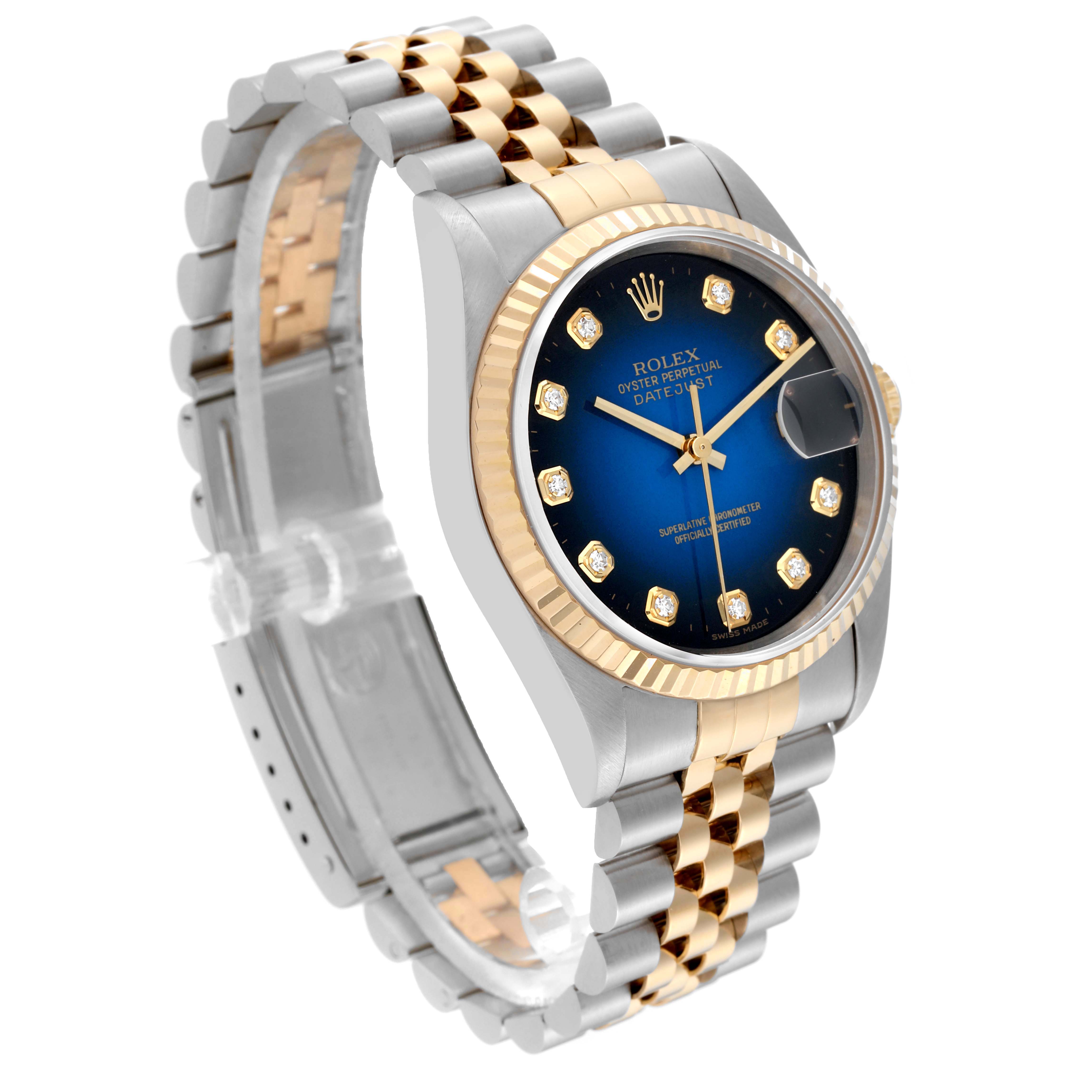 The Rolex Datejust 16233 Men's Steel and Gold (two tone) Blue Dial 16233 Men's Steel and Gold (two tone) Blue Dial model watch is displayed at a three-quarter angle, showing the face, bracelet, and clasp.