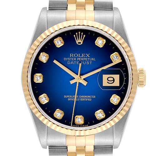 The image shows a frontal view of a Rolex Datejust watch featuring its dial, bezel, crown, and part of the bracelet.