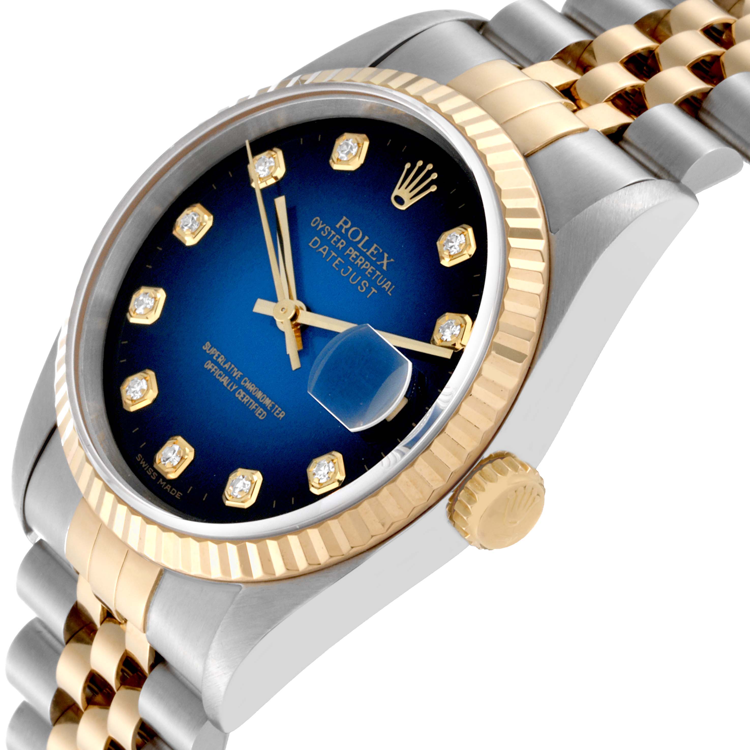 The image shows a close-up of the Rolex Datejust 16233 Men's Steel and Gold (two tone) Blue Dial 16233 Men's Steel and Gold (two tone) Blue Dial watch angled to display the bezel, crown, and the start of the bracelet.