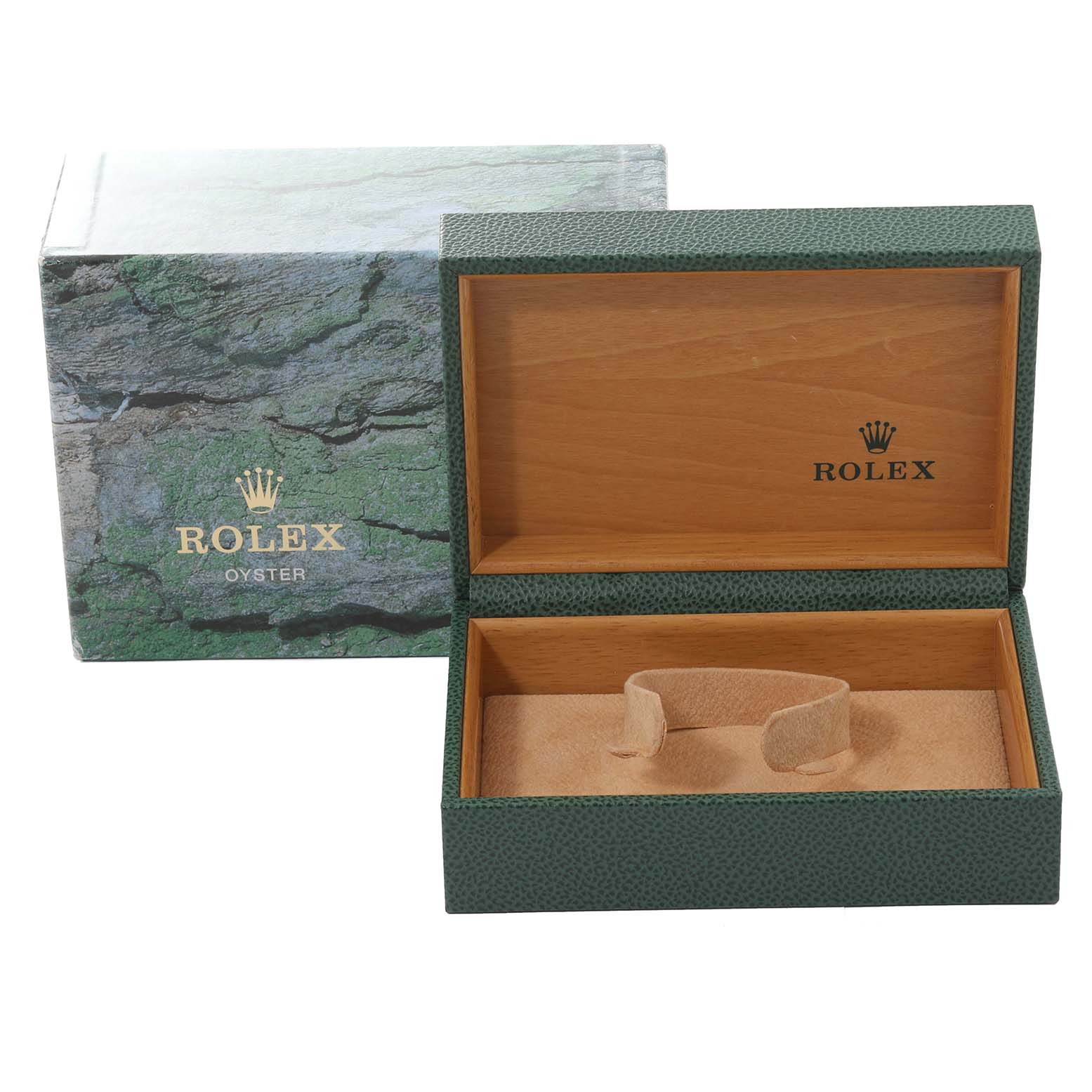 The image shows an open green and wood Rolex box, possibly for a Datejust model, with the outer packaging visible.