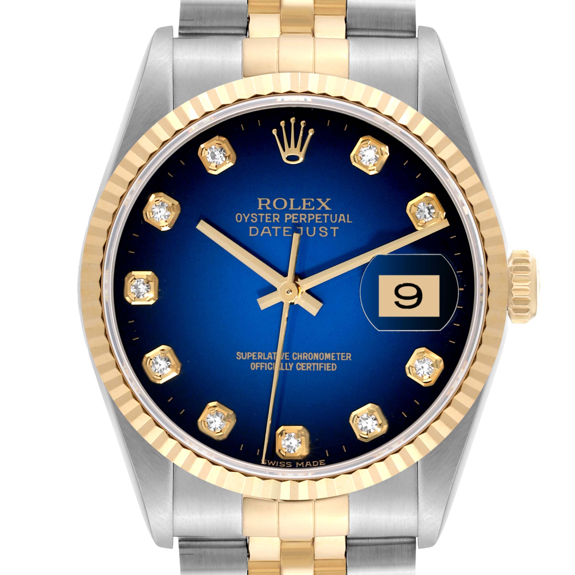 The image shows a front view of a Rolex Datejust 16233 Men's Steel and Gold (two tone) Blue Dial 16233 Men's Steel and Gold (two tone) Blue Dial watch, highlighting its blue dial, gold markers, gold fluted bezel, and jubilee bracelet.