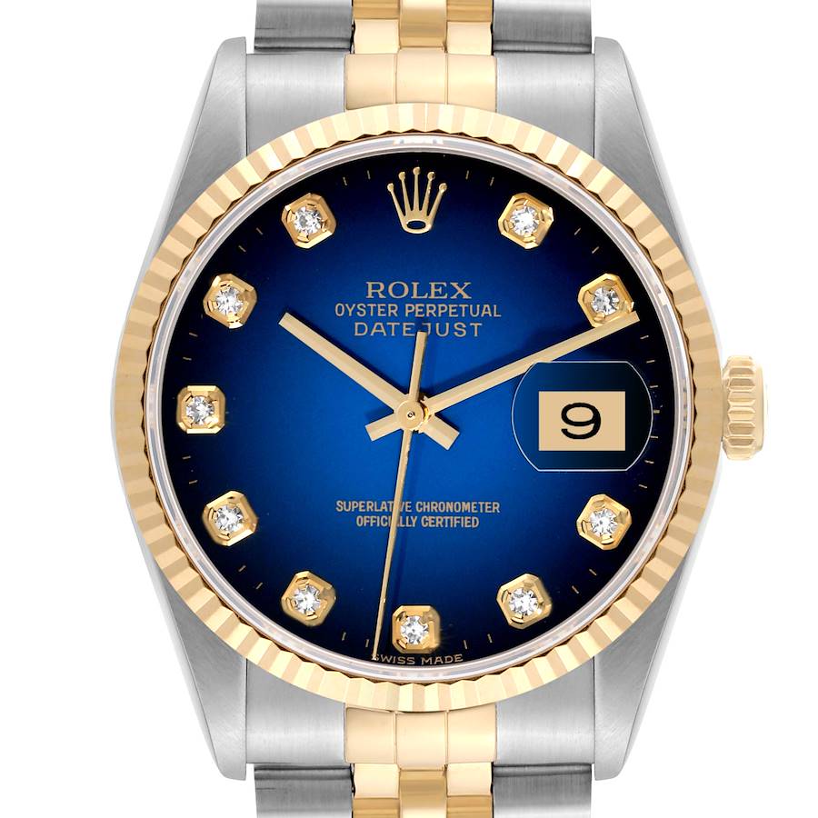 Rolex Datejust Blue Vignette Diamond Dial Steel Yellow Gold Watch 16233 SwissWatchExpo