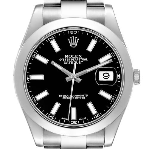 The Rolex Datejust 41 116300 Men's Stainless Steel Black Dial is shown from a front angle, displaying the dial, bezel, and part of the bracelet.