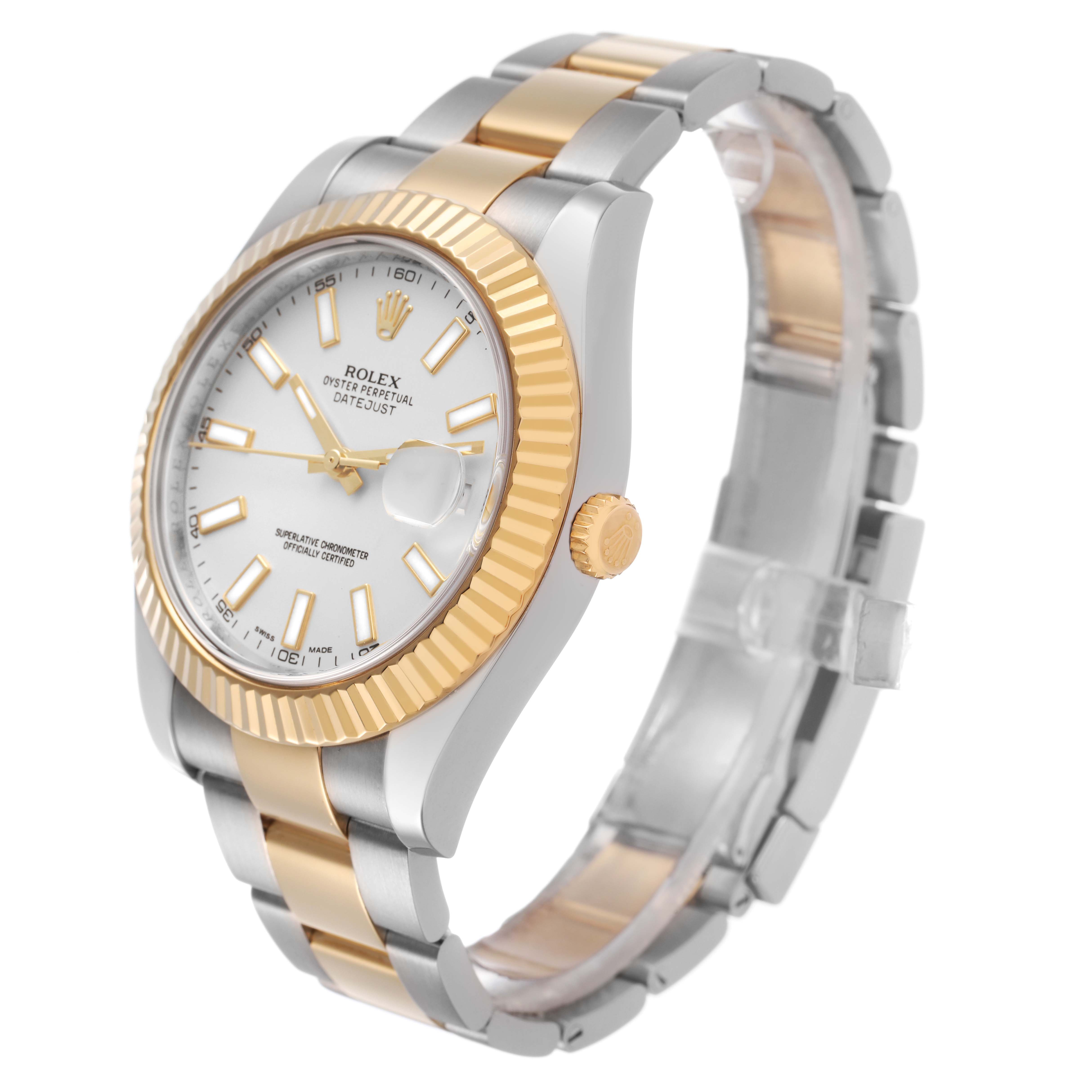 This Rolex Datejust 41 116333 Men's Steel and Gold (two tone) Silver Dial is shown at a three-quarter angle, highlighting the fluted bezel, gold crown, and two-tone bracelet.
