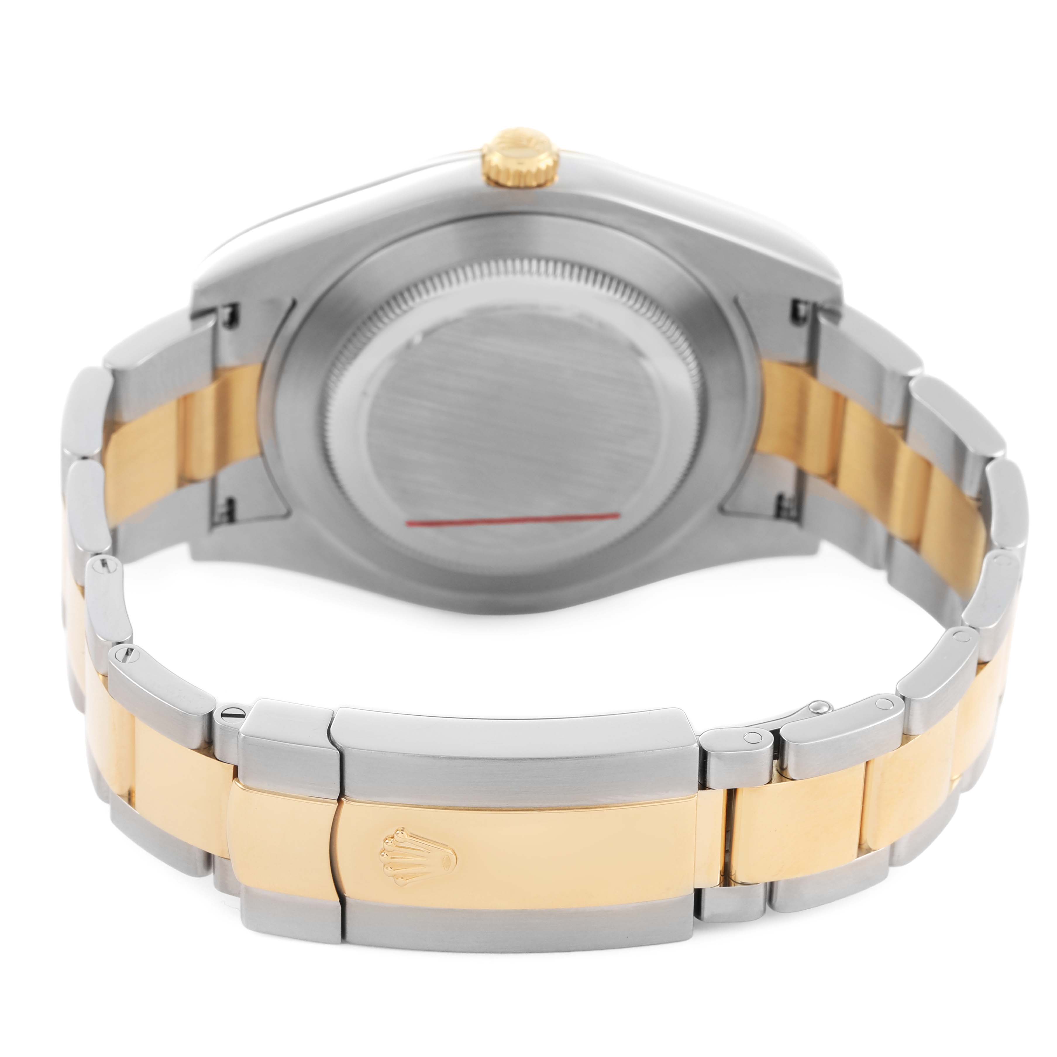 The image shows the back view of a Rolex Datejust 41 116333 Men's Steel and Gold (two tone) Silver Dial, highlighting the bracelet and clasp, with a visible case back and crown.