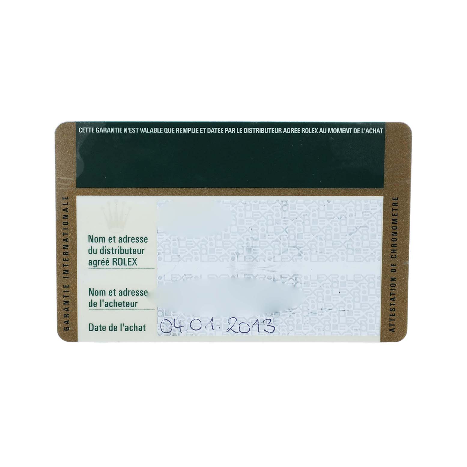 This image shows the warranty card for a Rolex Datejust 41 116333 Men's Steel and Gold (two tone) Silver Dial, featuring sections for distributor and purchaser details.