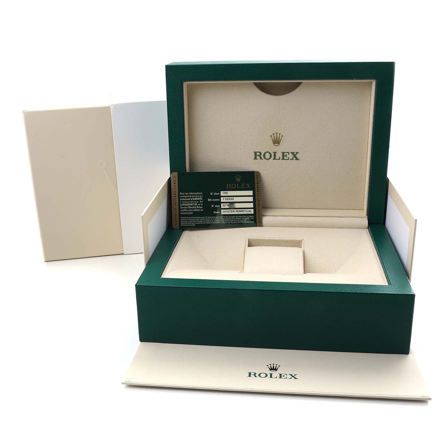 The image shows an open Rolex Datejust 41 116333 Men's Steel and Gold (two tone) Silver Dial box from a front angle, displaying its interior and a warranty card.
